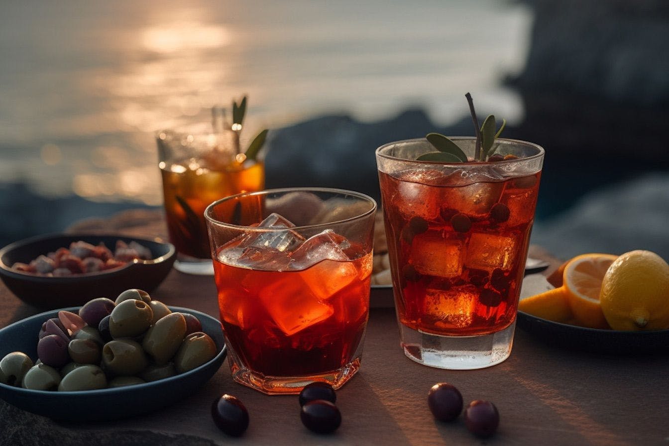 Red cocktails and olives on a plate during sunset