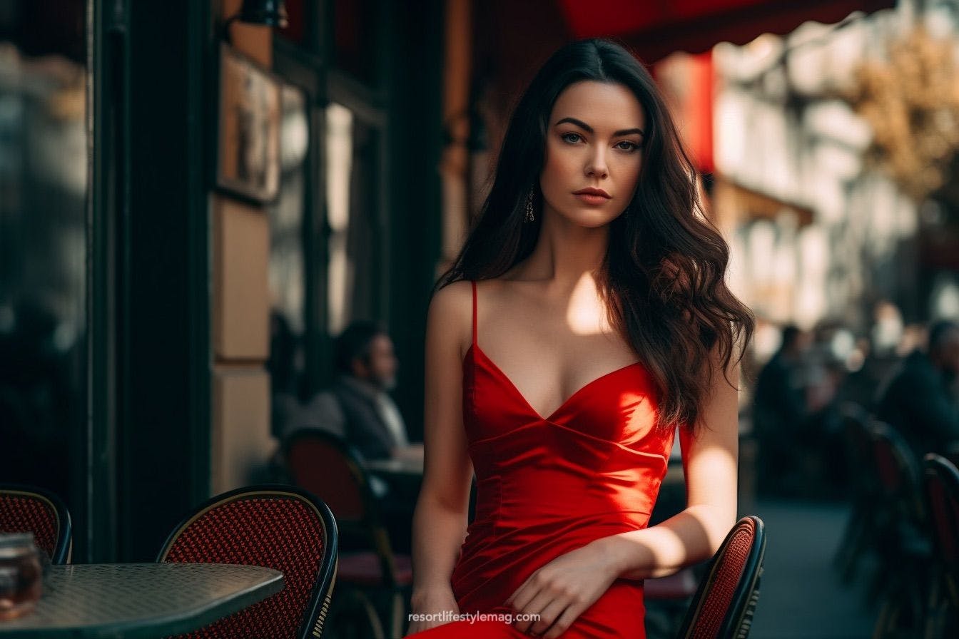 Beautiful woman in a red bustier dress sitting in a cafe in Italy