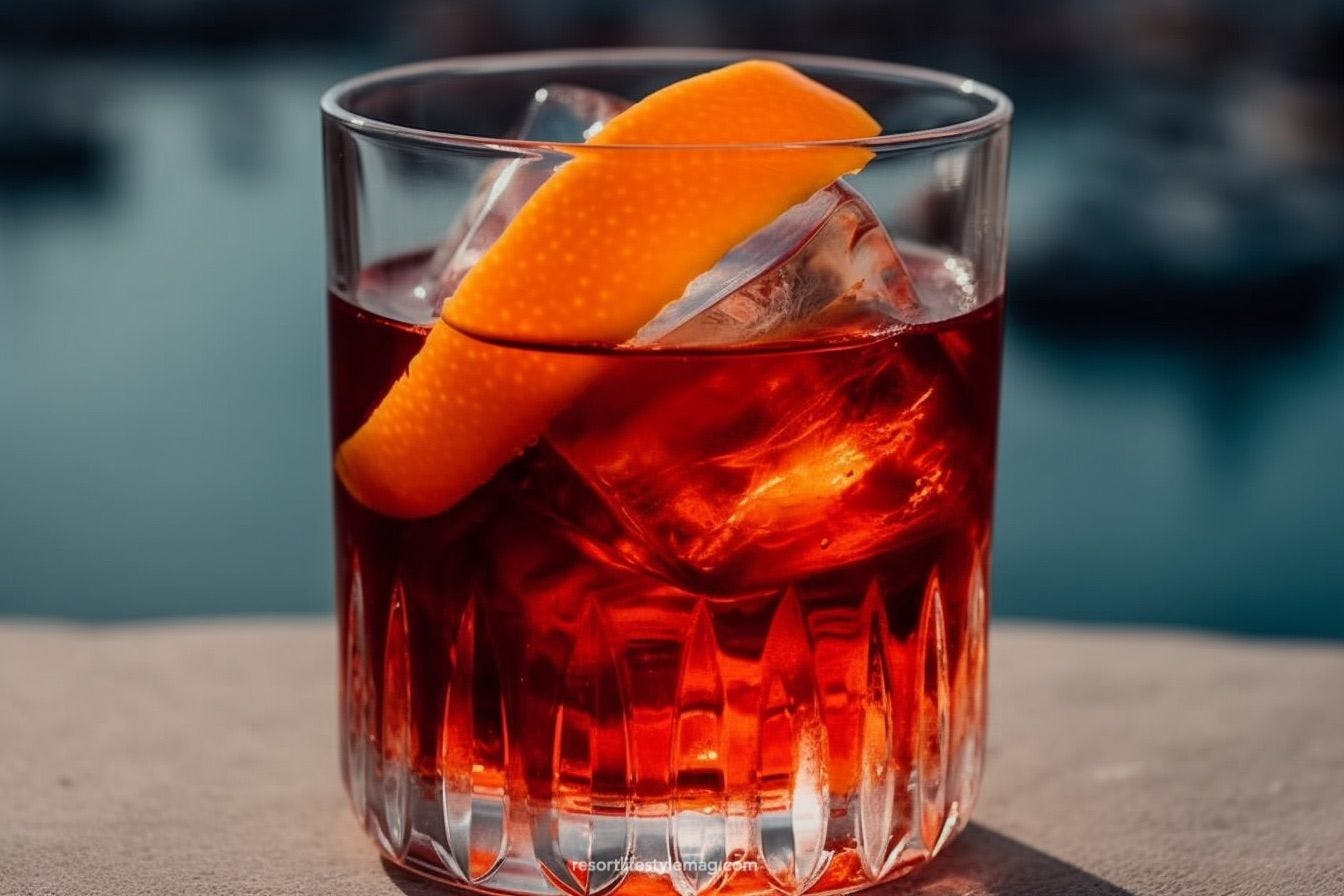 Negroni cocktail in a glass with ice and orange peel