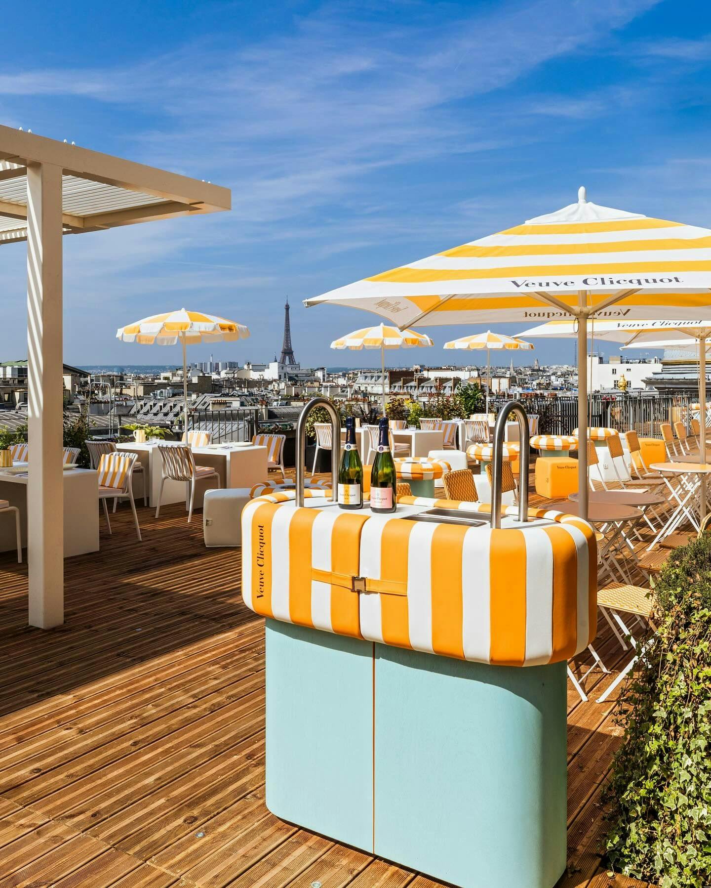 Veuve Clicquot Sun Club terrace on the rooftop of Printemps department store in Paris.