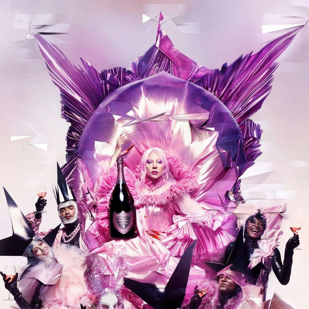 Lady Gaga and her dancers posing with Dom Perignon champagne.