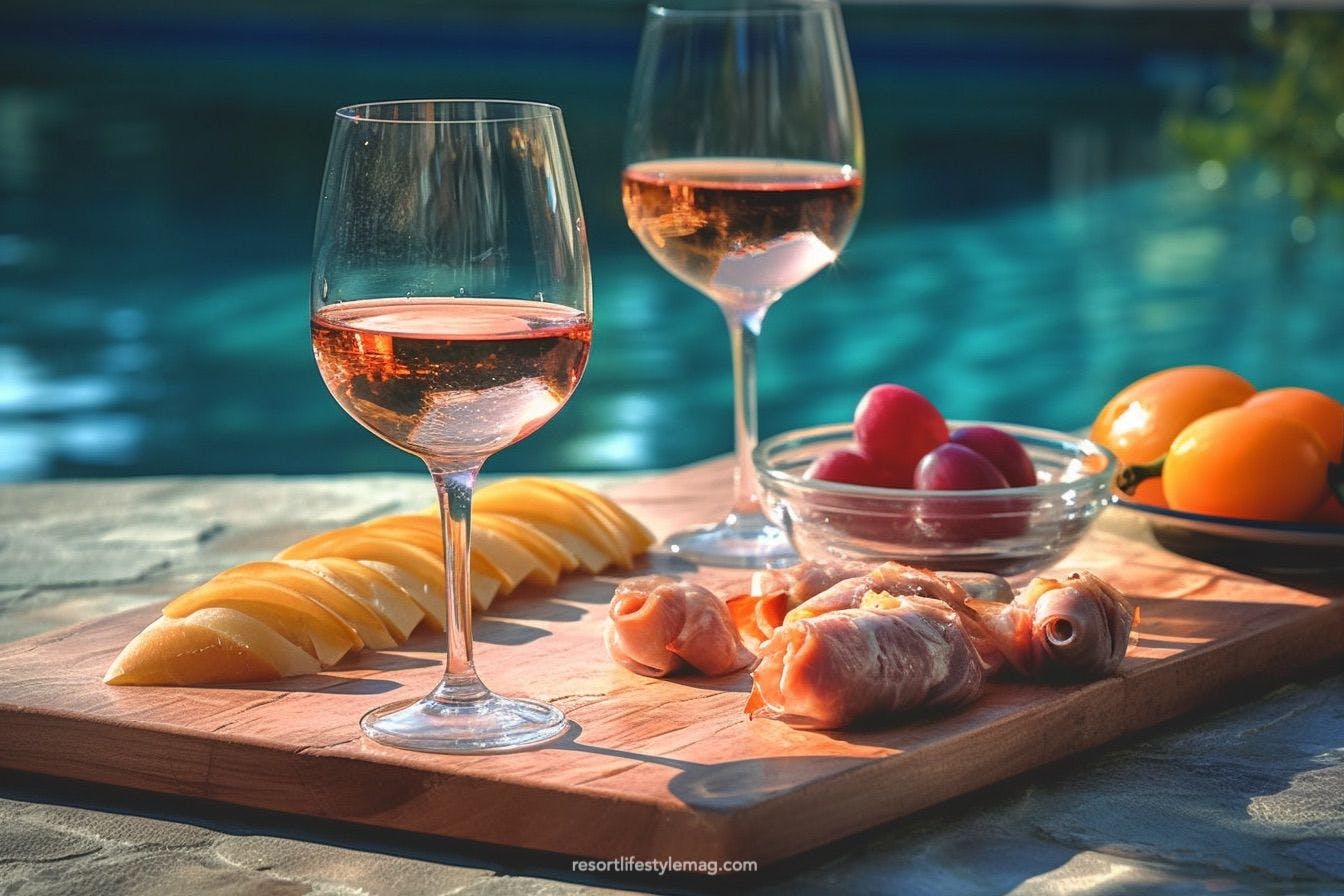 French rose wine and snacks served by the pool
