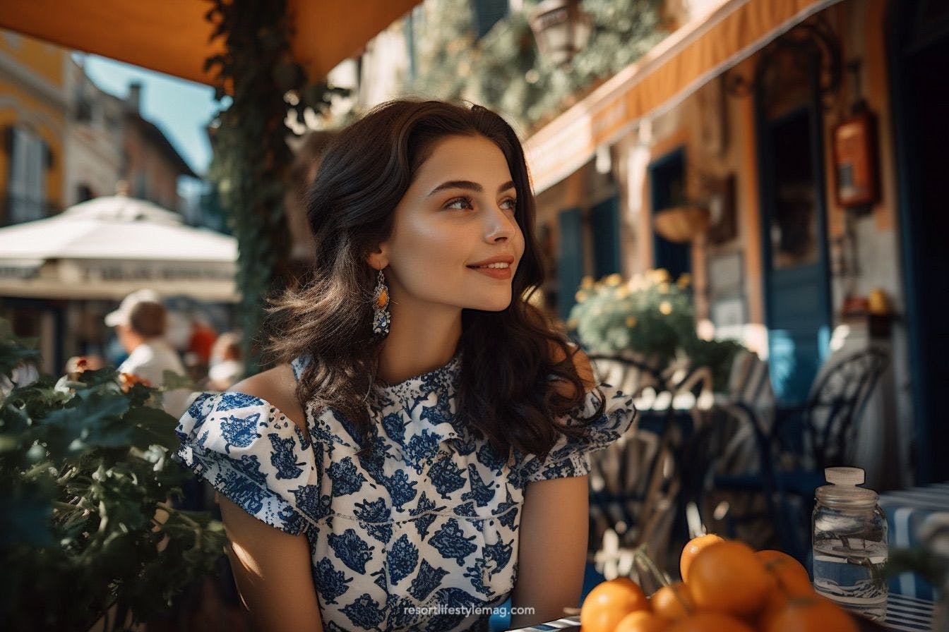 Beautiful girl with white and blue patterned dress sitting in Positano cafe