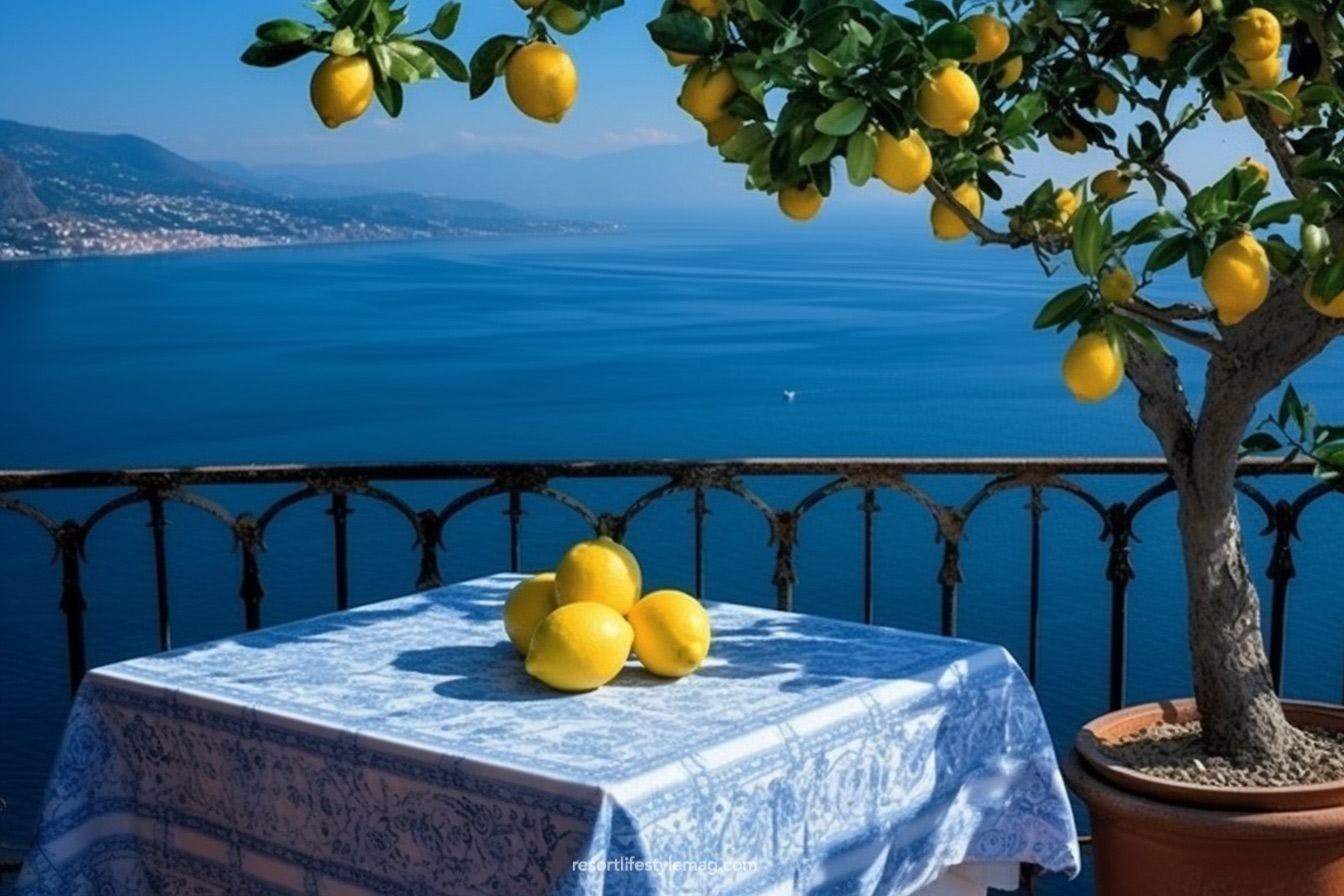 Lemons on the table under a lemon tree on the terrace in Sorrento