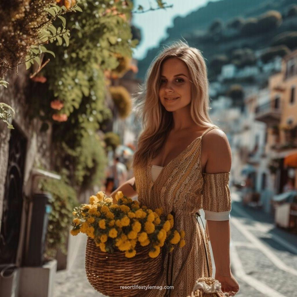 Beautiful girl standing on Positano street with flowers