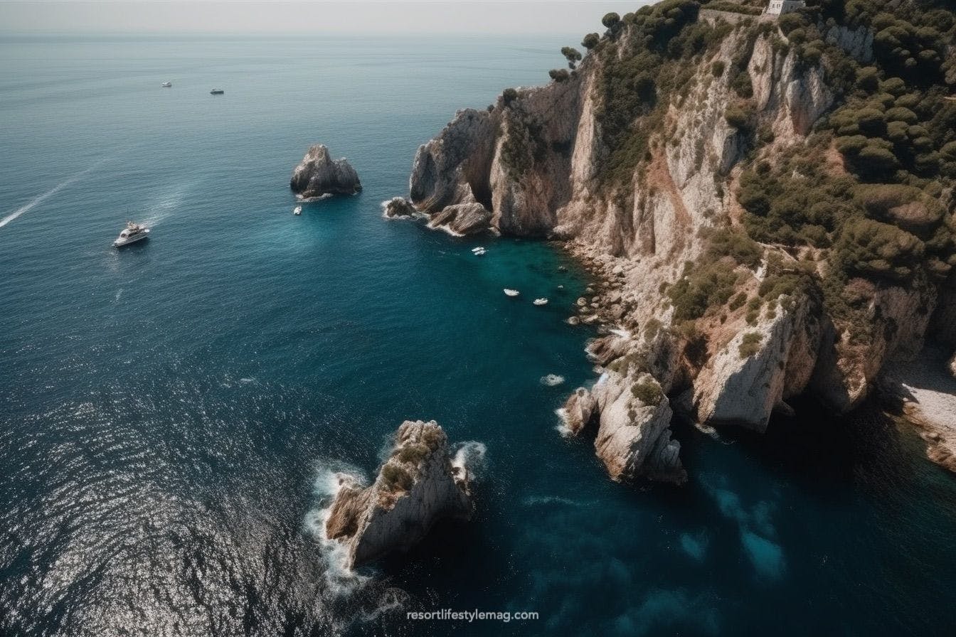 Capri rocky coastline with sailing boats