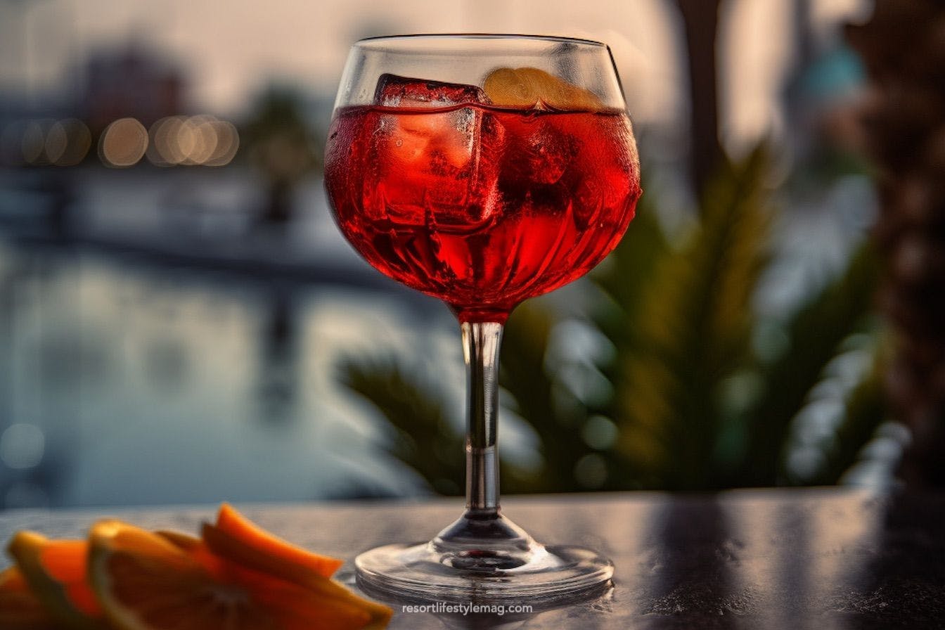 Red cocktail in a glass with ice and lemon wedges