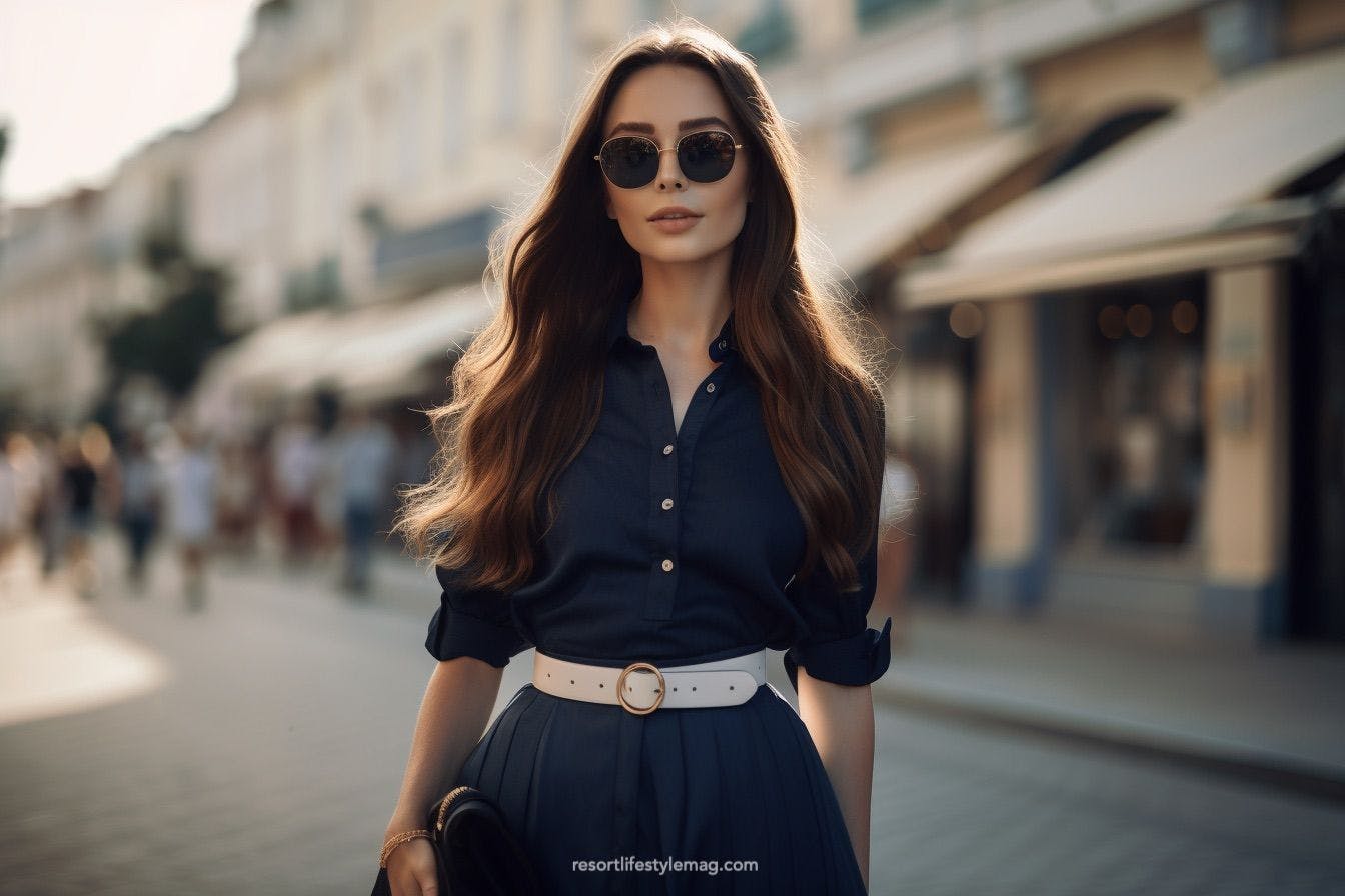 Stylish woman standing on the street of Cannes wearing chic dark blue midi skirt and linen blouse