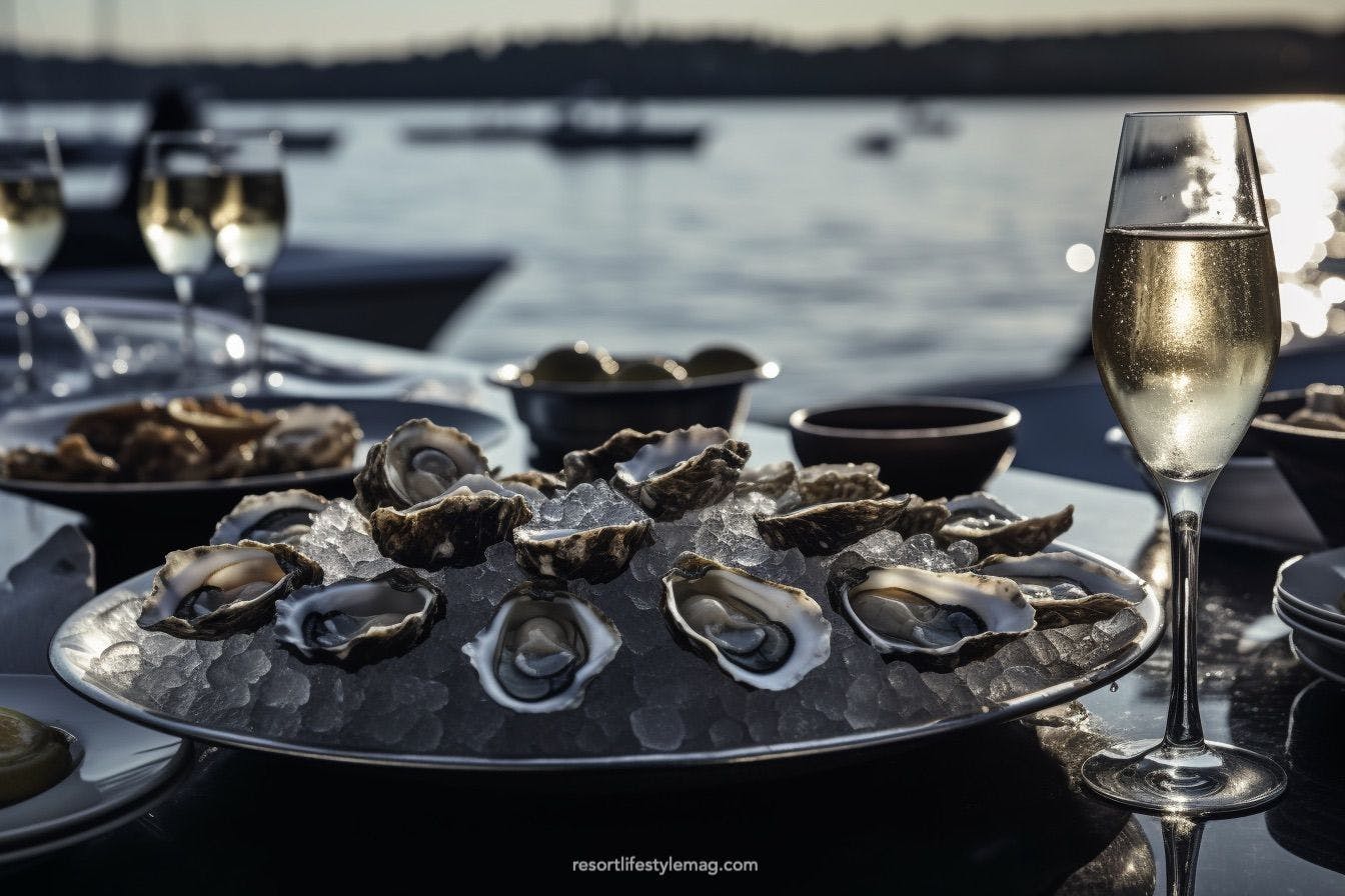 Champagne and oysters on a table by the sea