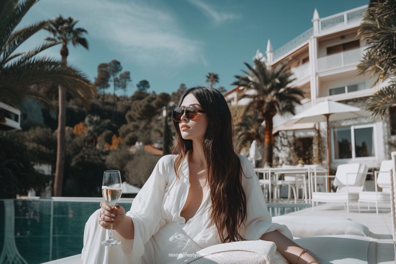 Woman sitting in French Riviera villa terrace and drinking champagne