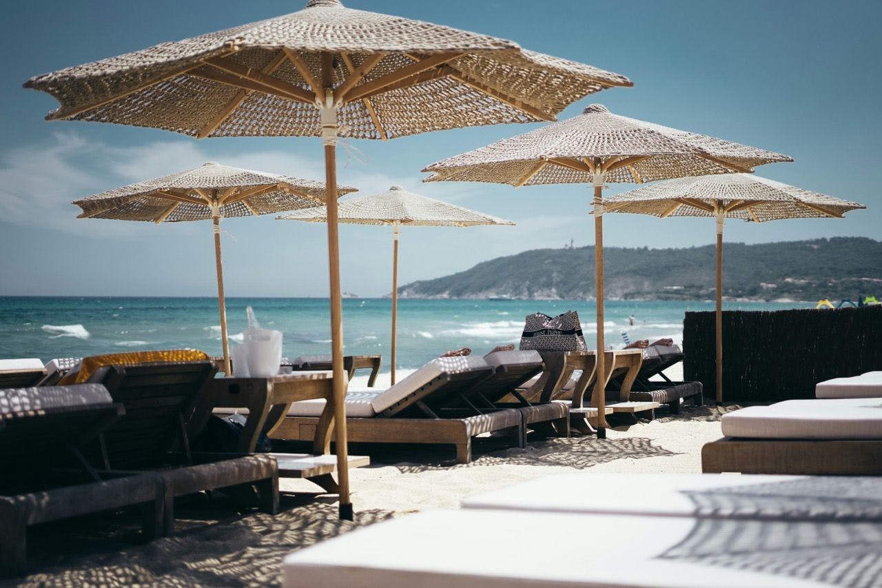 Sunbeds on the Byblos beach in Saint Tropez.