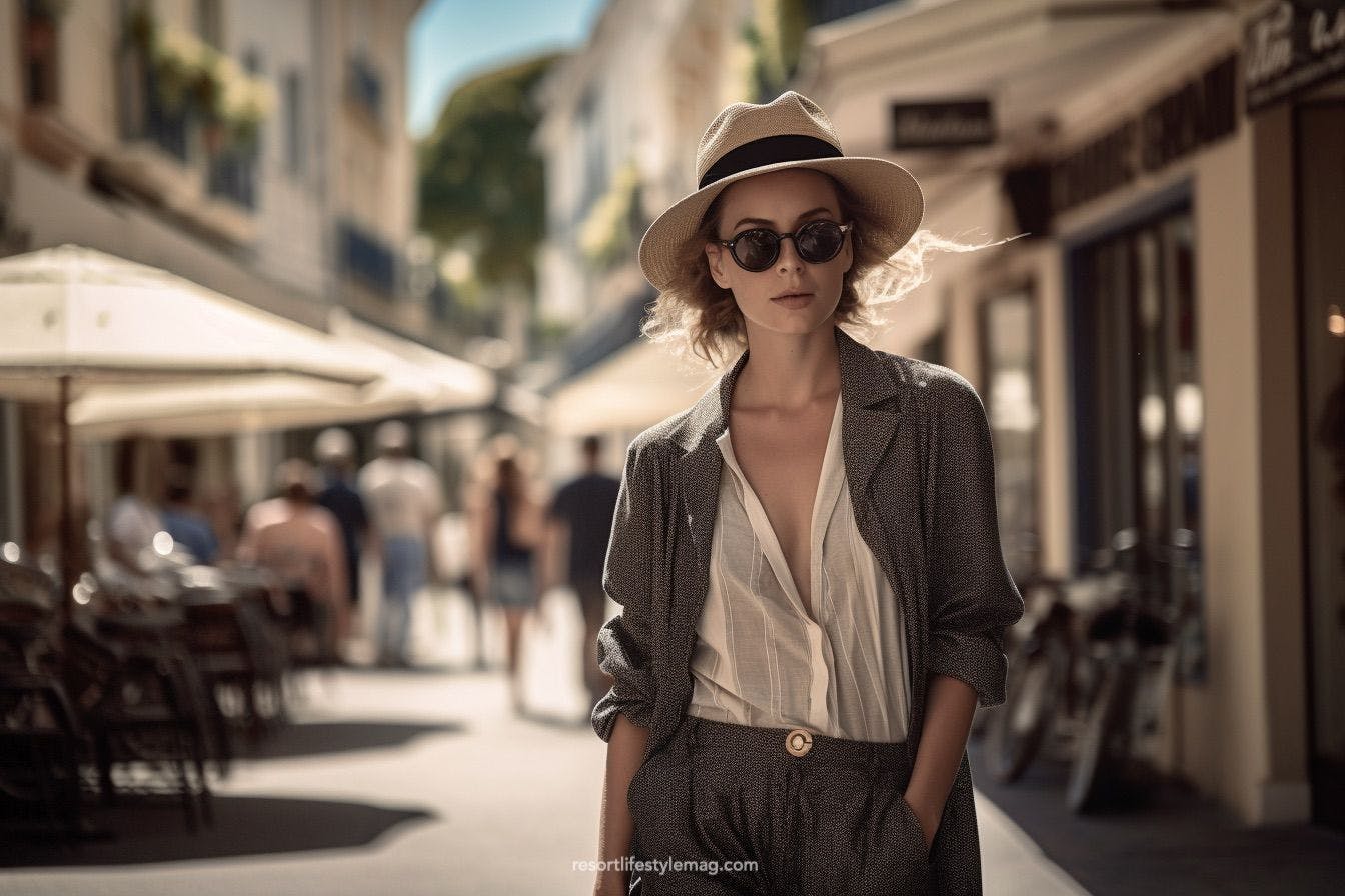 Chic woman wearing linen suit and straw hat while walking on the street of Cannes