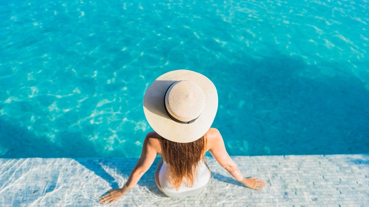 Woman in white bikinis sitting in a swimming pool