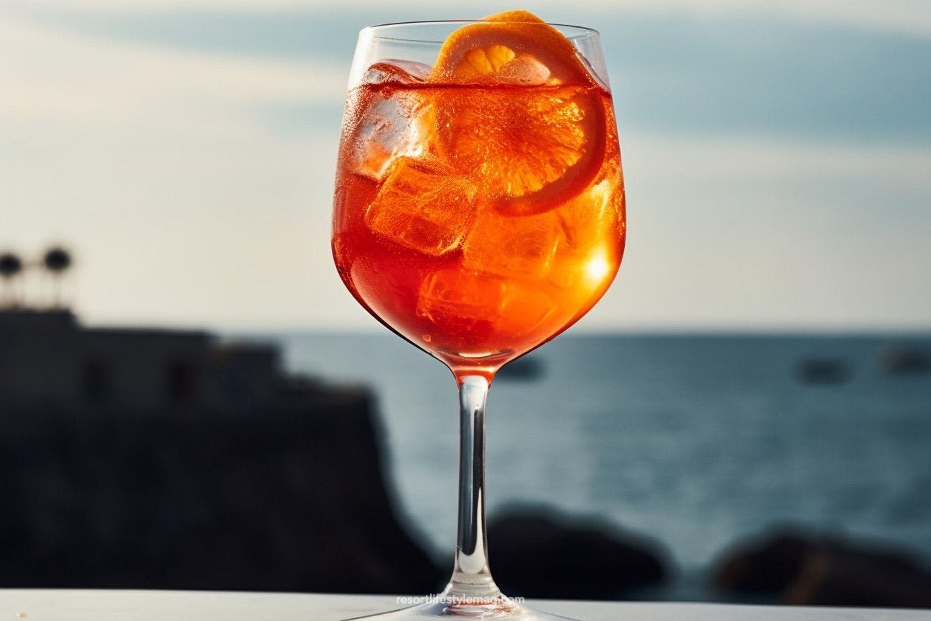 Aperol spritz cocktail in a glass with ice and orange wedges