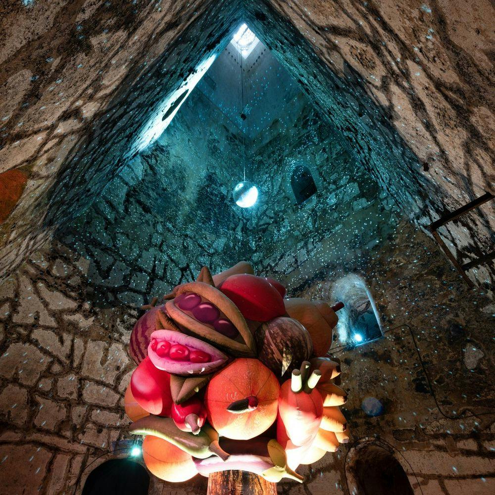 Art installation in Pommery champagne house wine cellar.