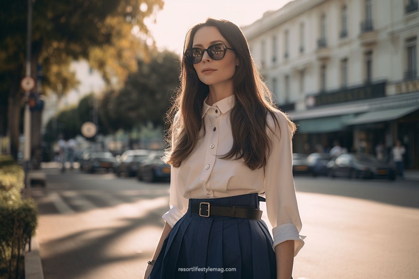 Woman with white blouse and navy Dior skirt in Cannes