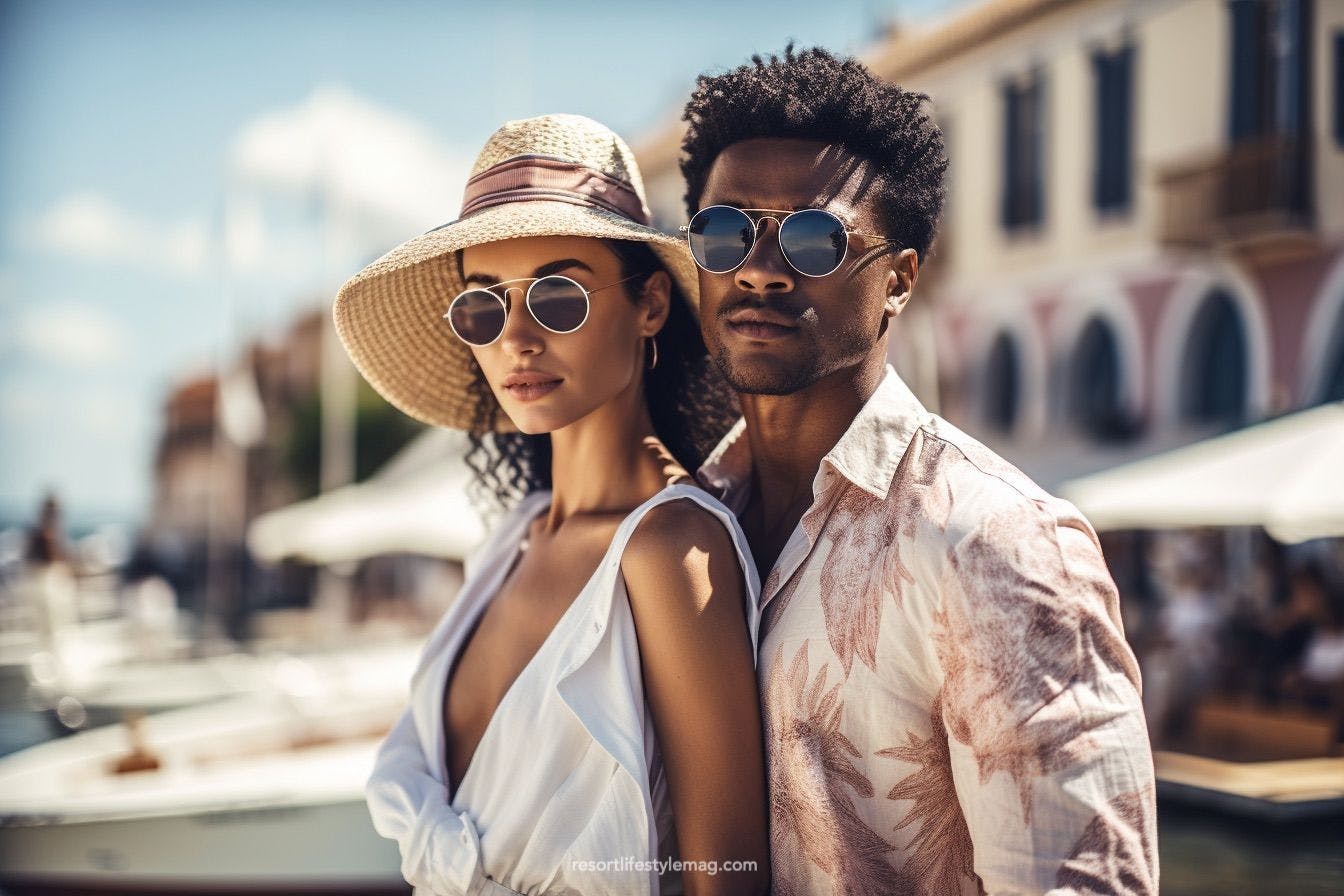 Elegant couple wearing glamorous statement look in Saint-Tropez beach club