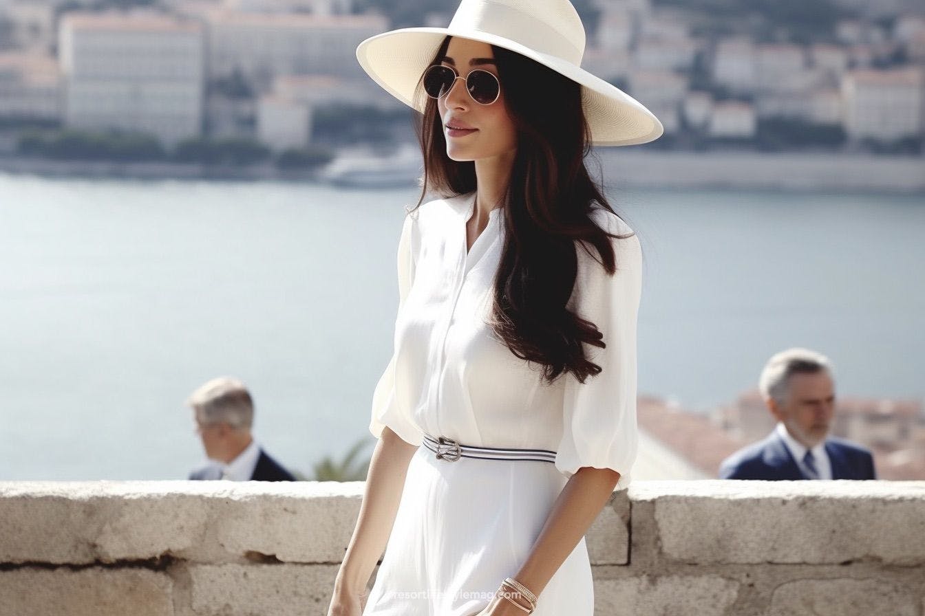 Stylish woman wearing white Dior linen trousers and wide-brimmed straw hat on French Riviera coast
