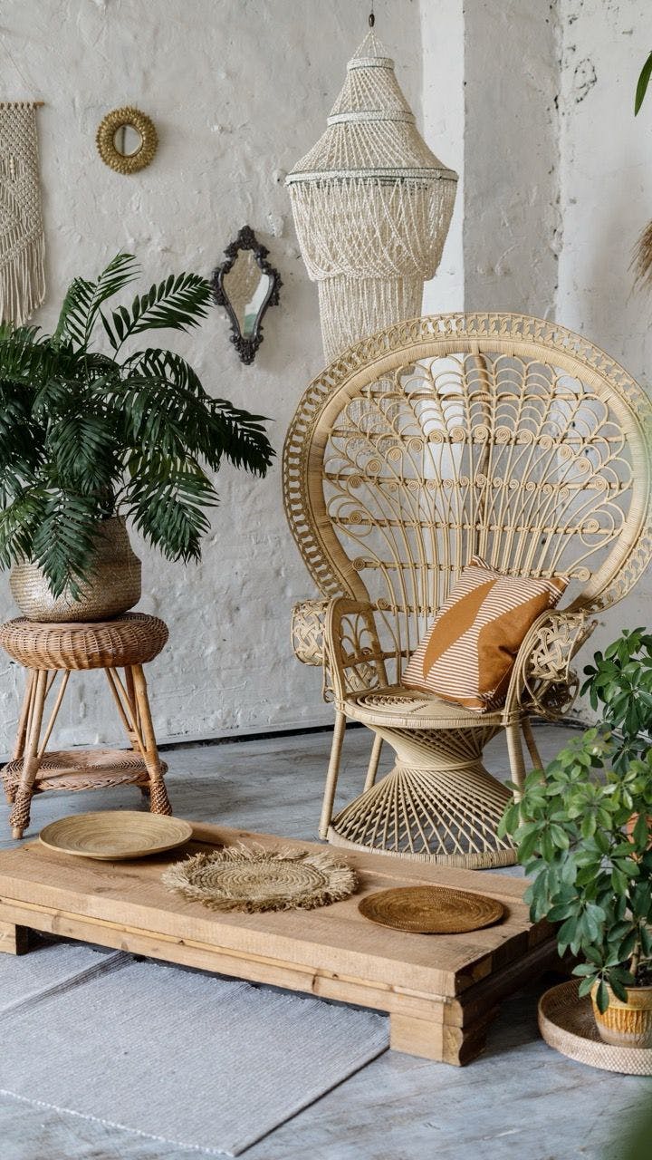Boho chic interior design with armchair