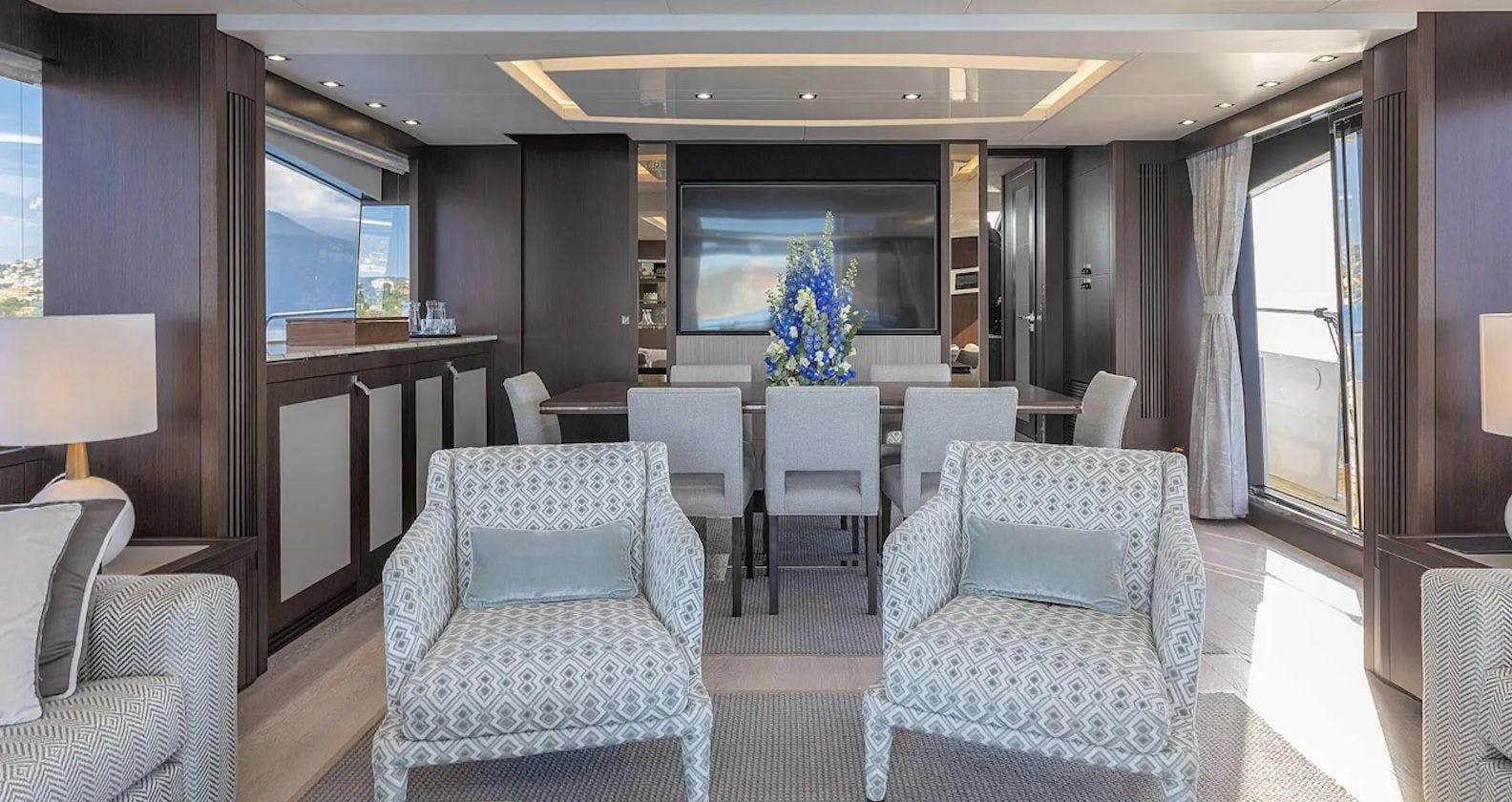 Inside interior of a luxurious motor yacht.