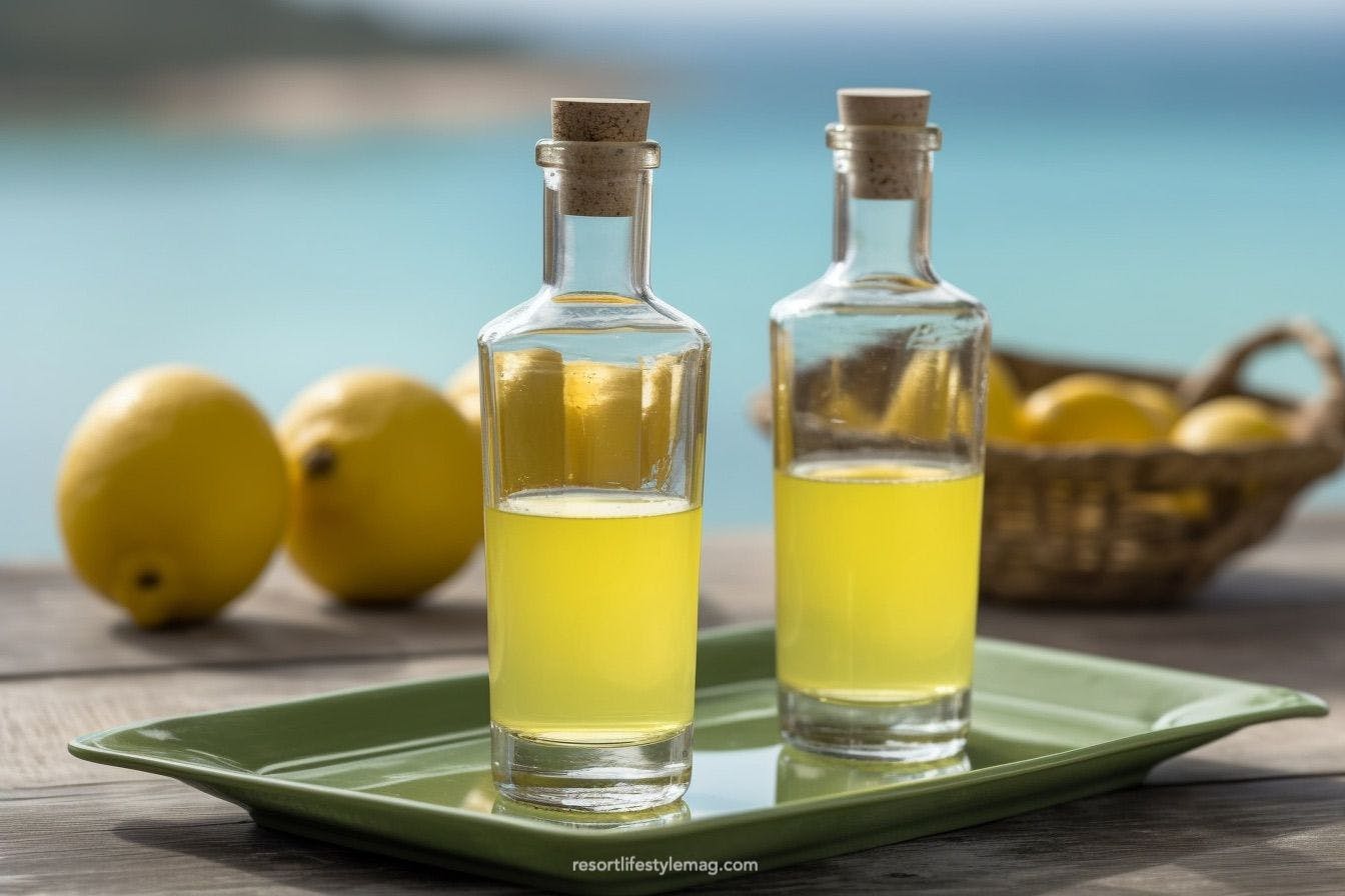 Limoncello in two bottles with lemons in Sorrento