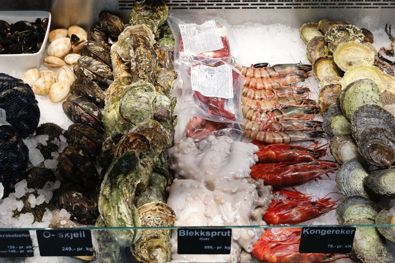 Seafood in fish market in Bergen Norway.