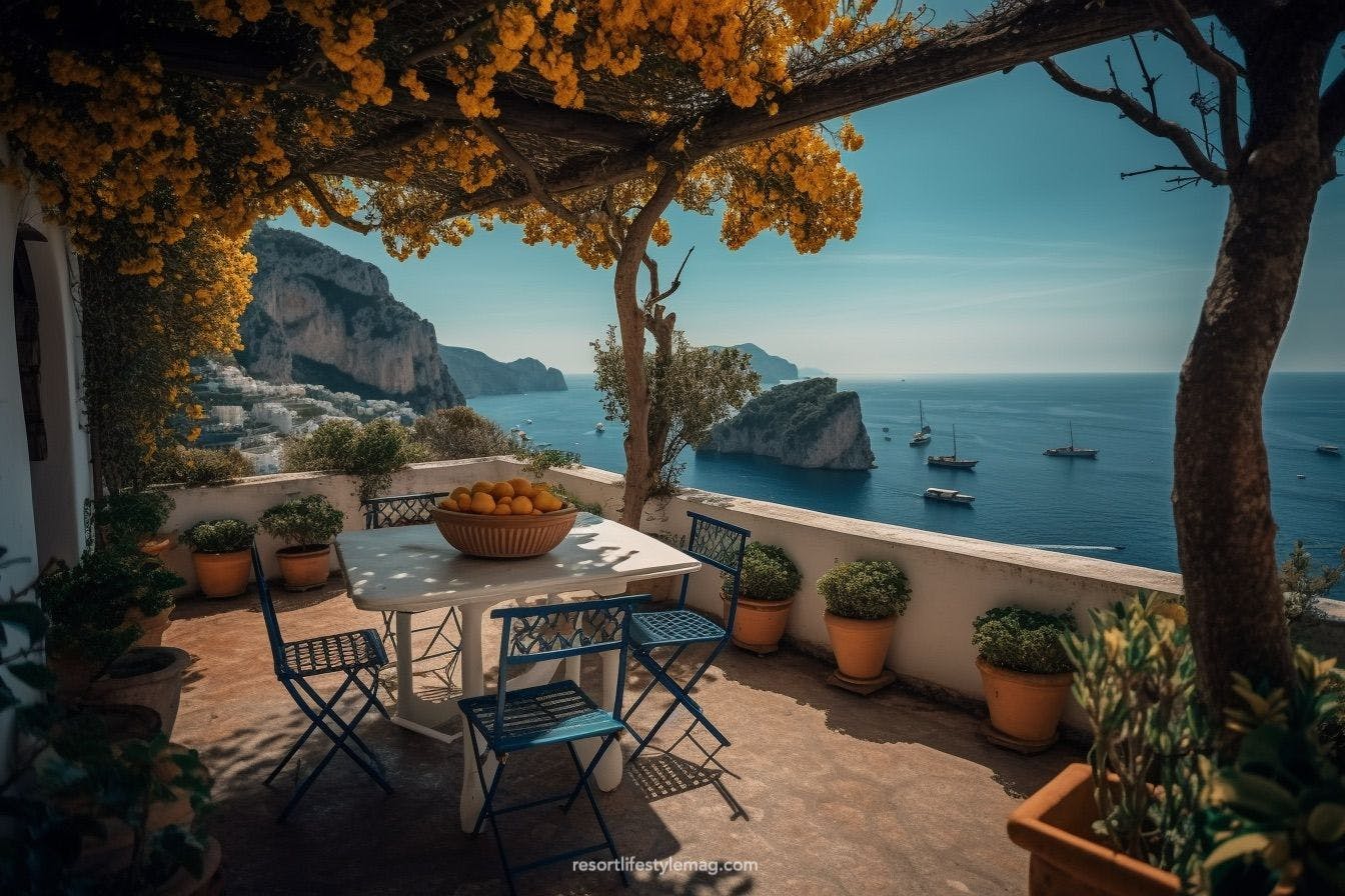 Capri terrace with table and chairs overlooking the sea