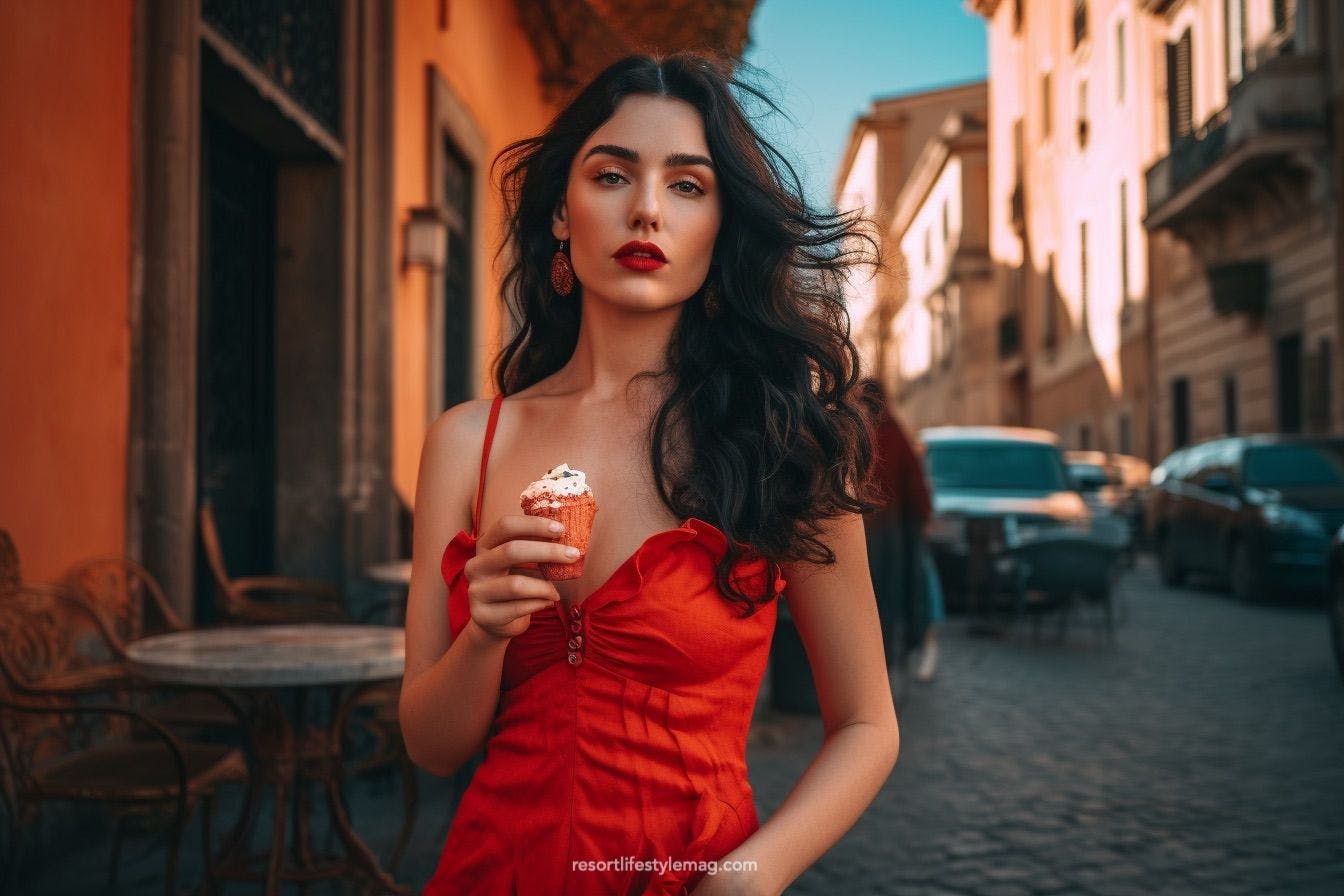 Beautiful woman standing on a street in Italy with ice cream