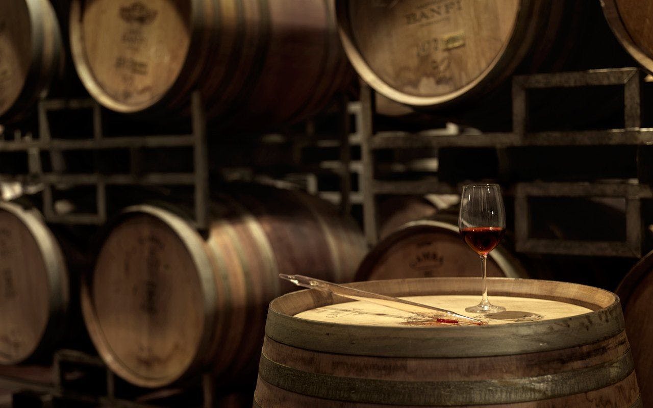 Wine barrels in Castello Banfi winery in Siena Italy.