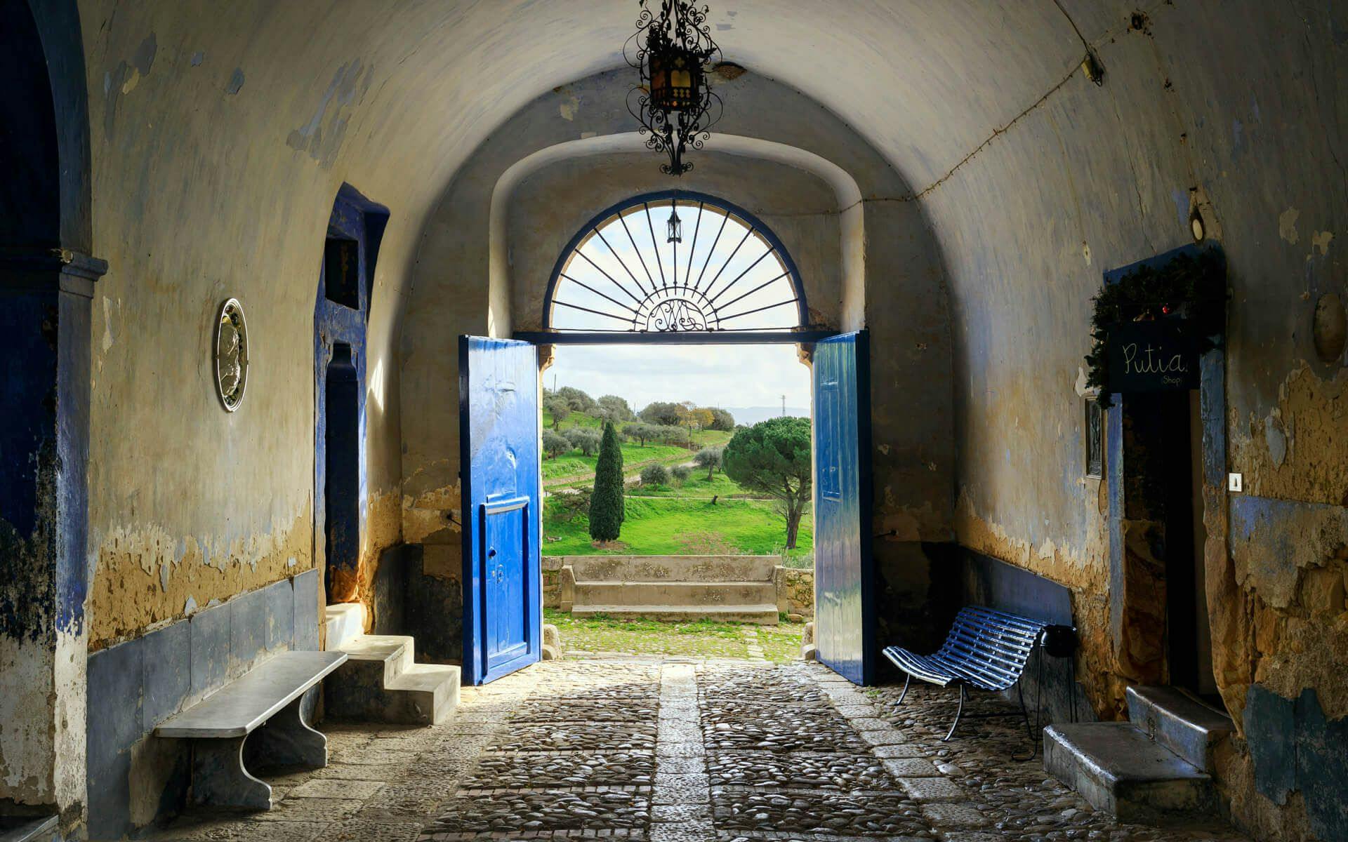 View on vineyard from Tasca d'Almerita courtyard in Sicily Italy.