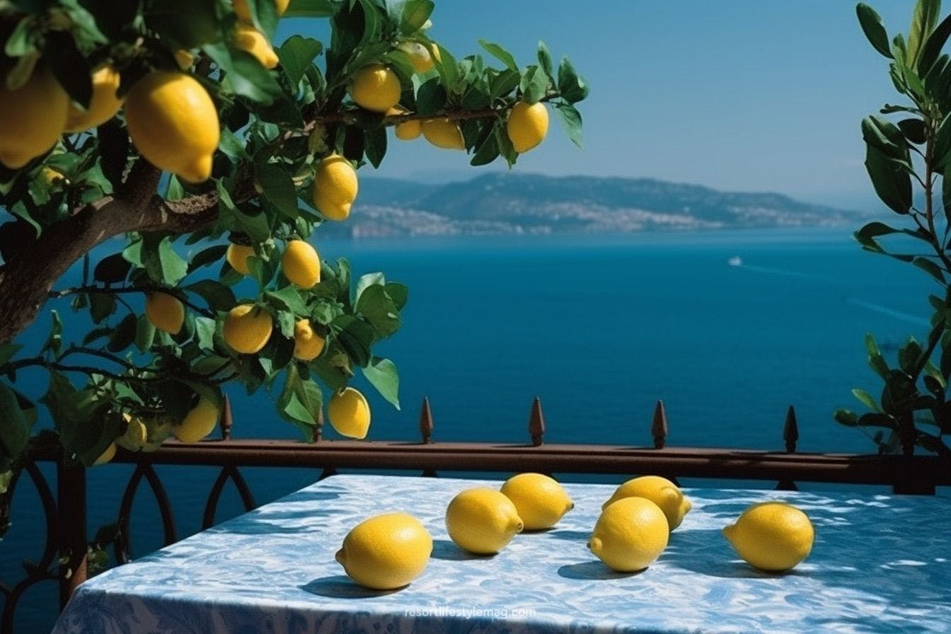 Lemons on a table under a lemon tree in Amalfi coast