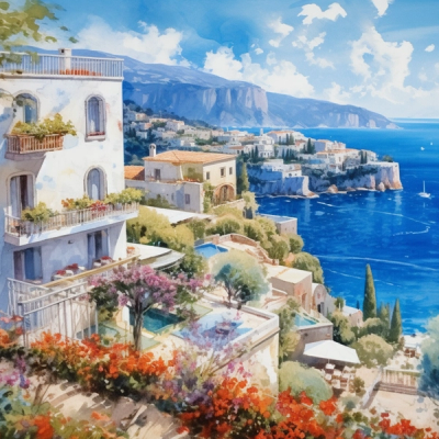 Watercolor painting of a stunning view on Capri coastline.