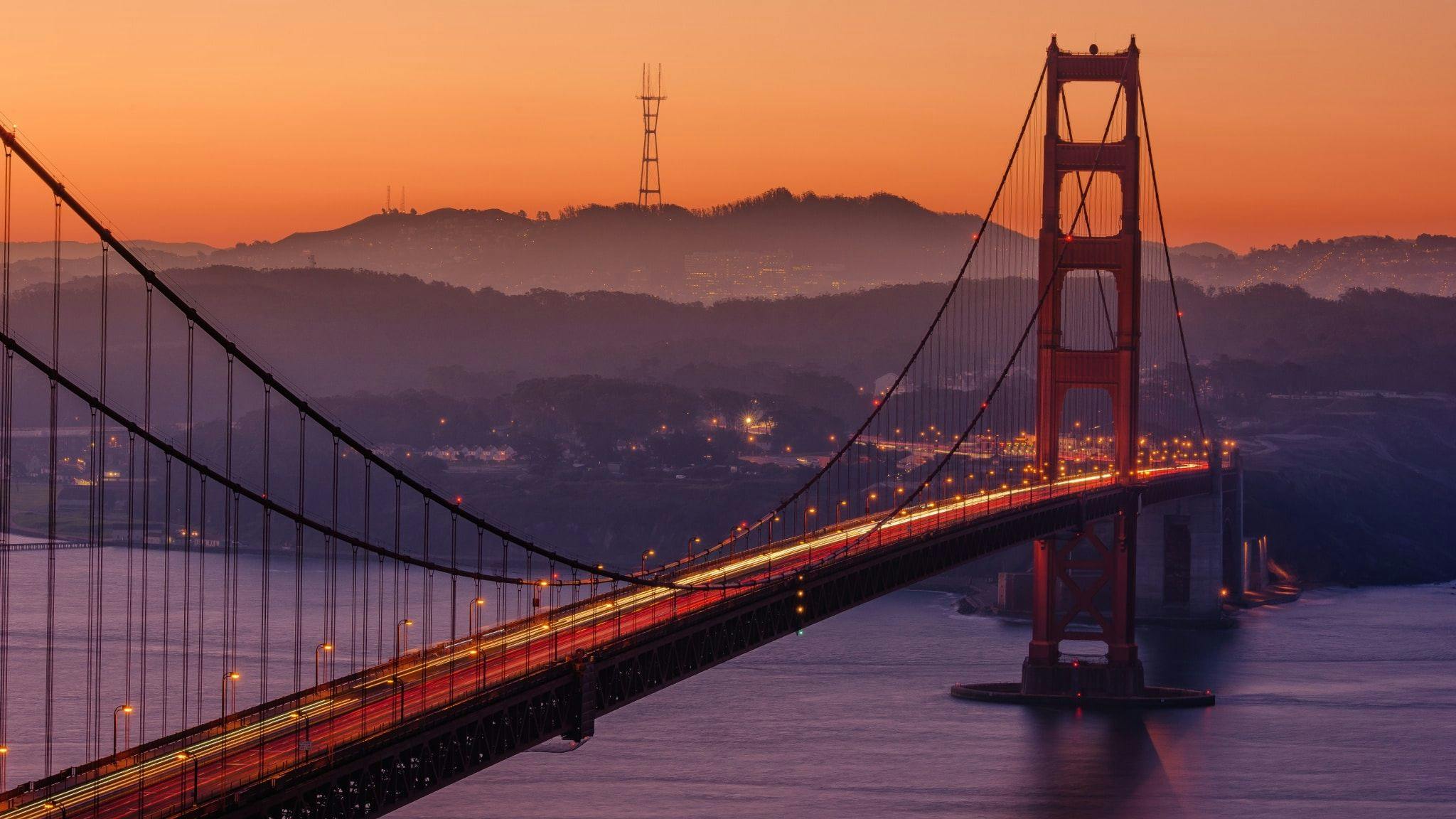 Golden Gate Bridge during sunset in USA.