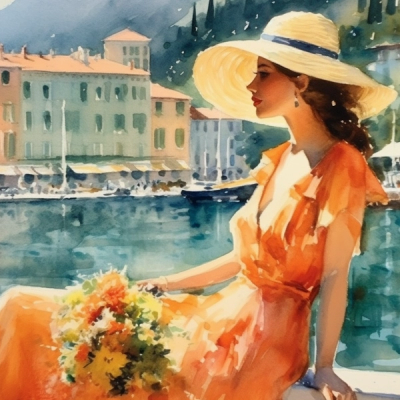 Watercolor painting of a woman wearing orange dress sitting in Portofino.