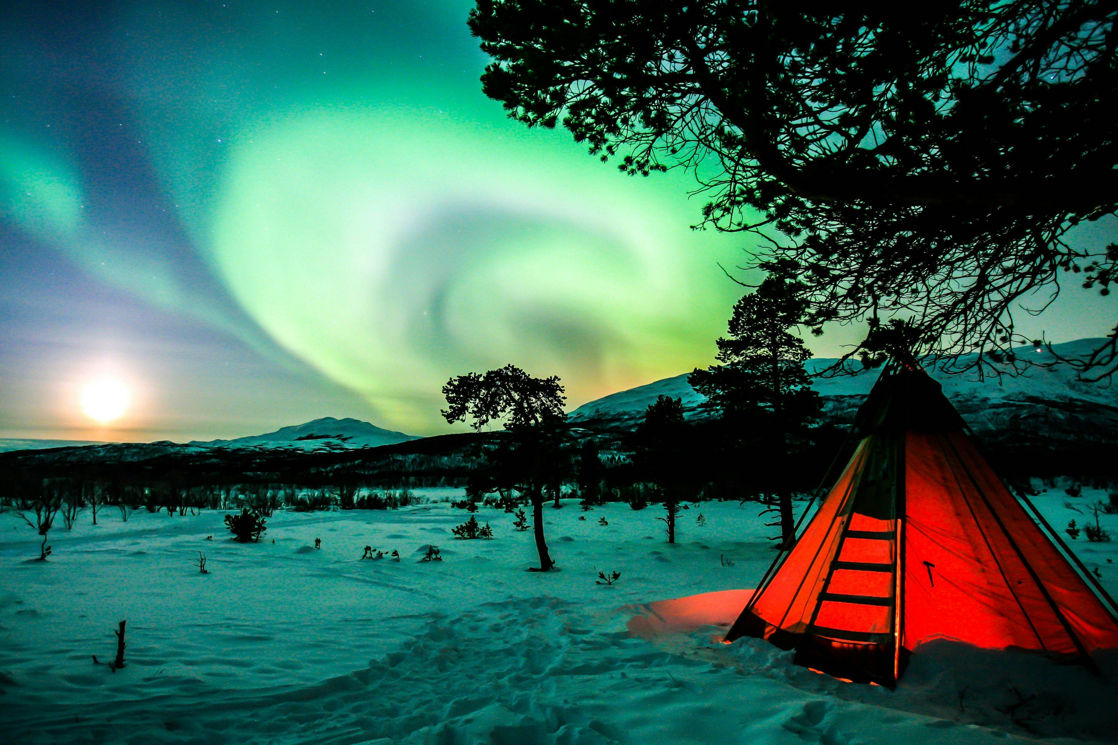 Tent under northern lights in Abisko, Sweden.