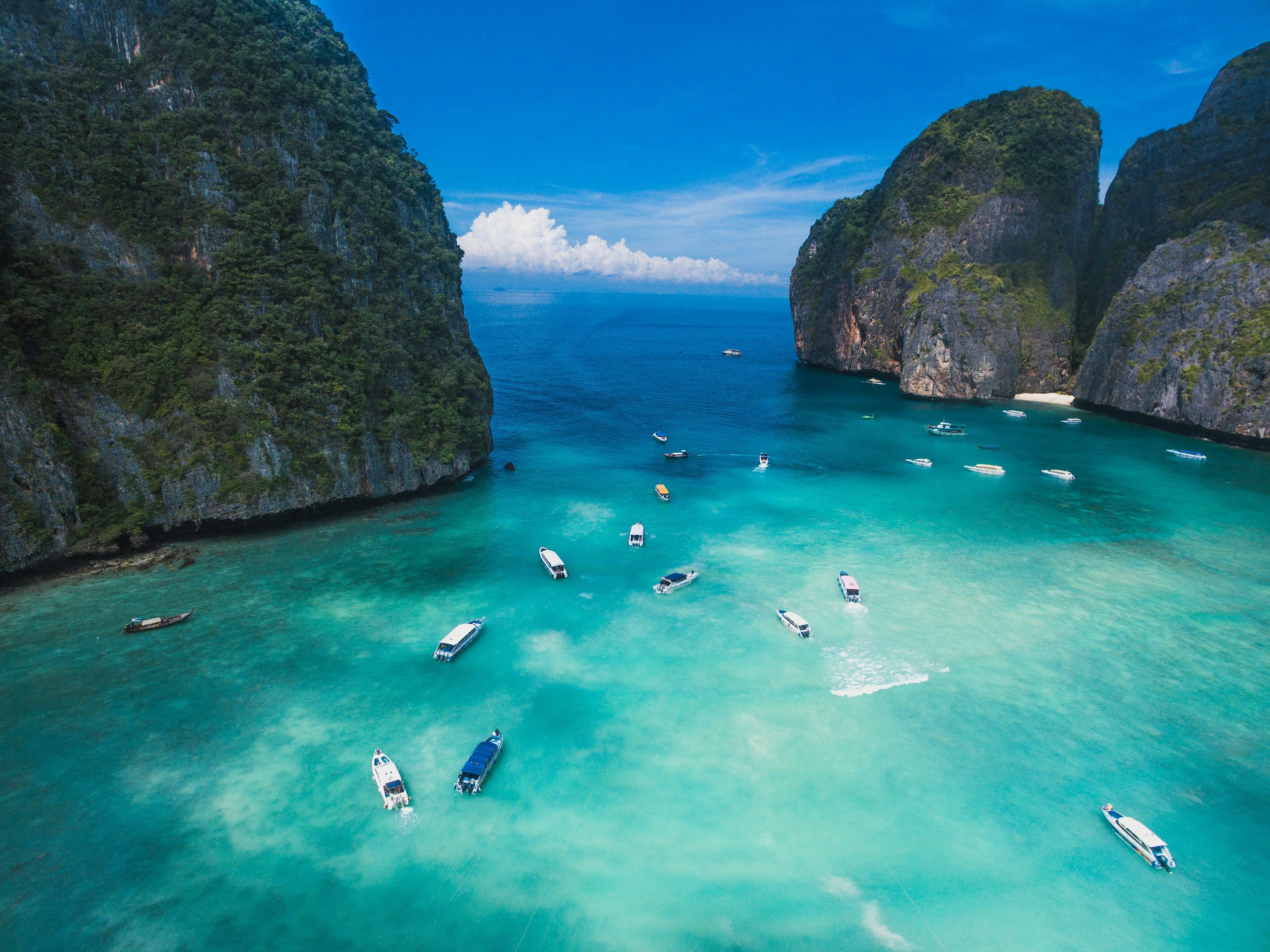 Phi Phi islands with boats and bright blue sea