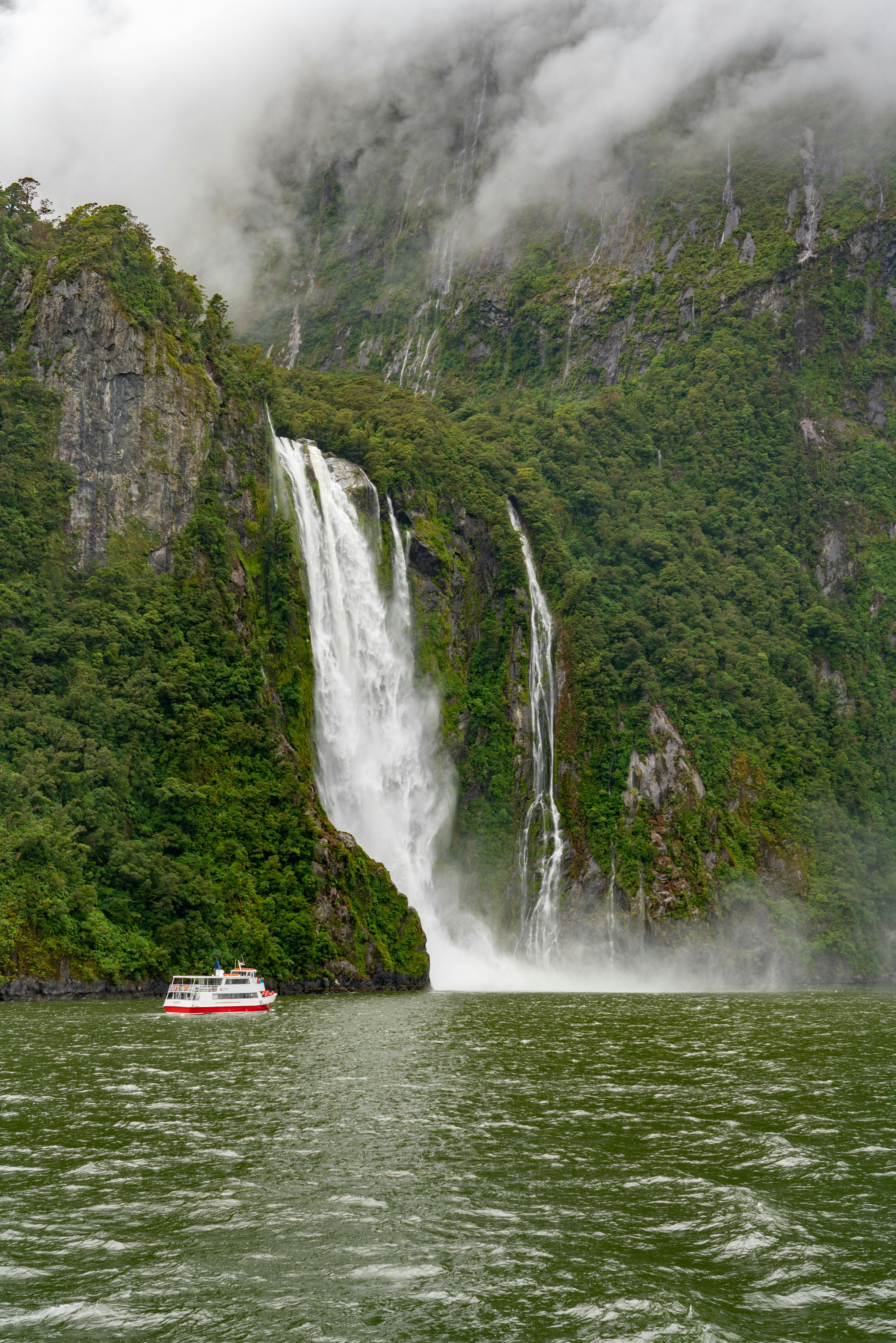 Waterfall in Milford Sound New Zealand.
