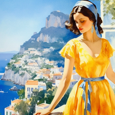 Watercolor painting of a lady in a yellow dress in Capri island.