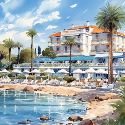 Watercolor painting of a beach and a hotel in French Riviera.