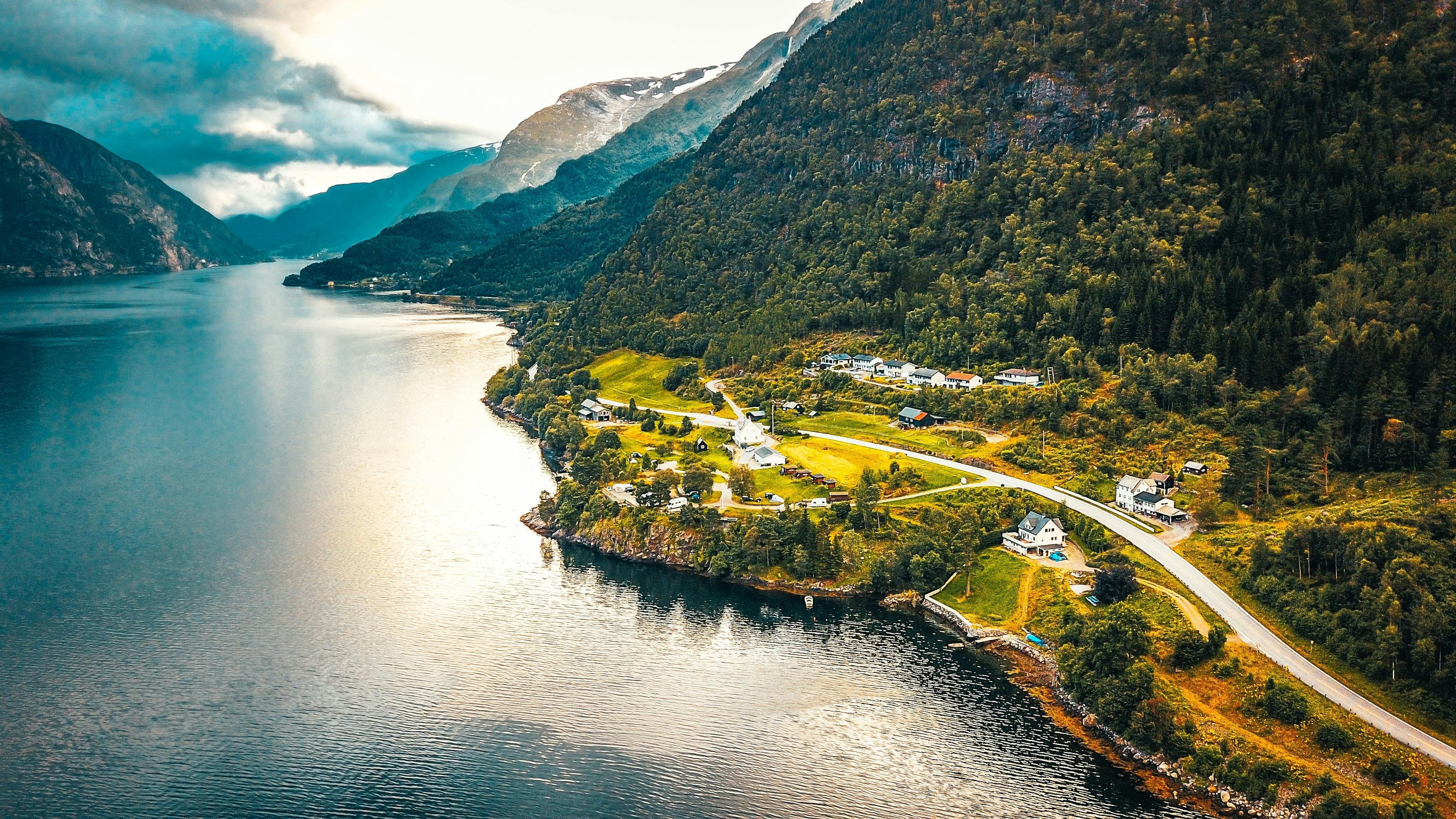 Aerial view of fjord in Norway.