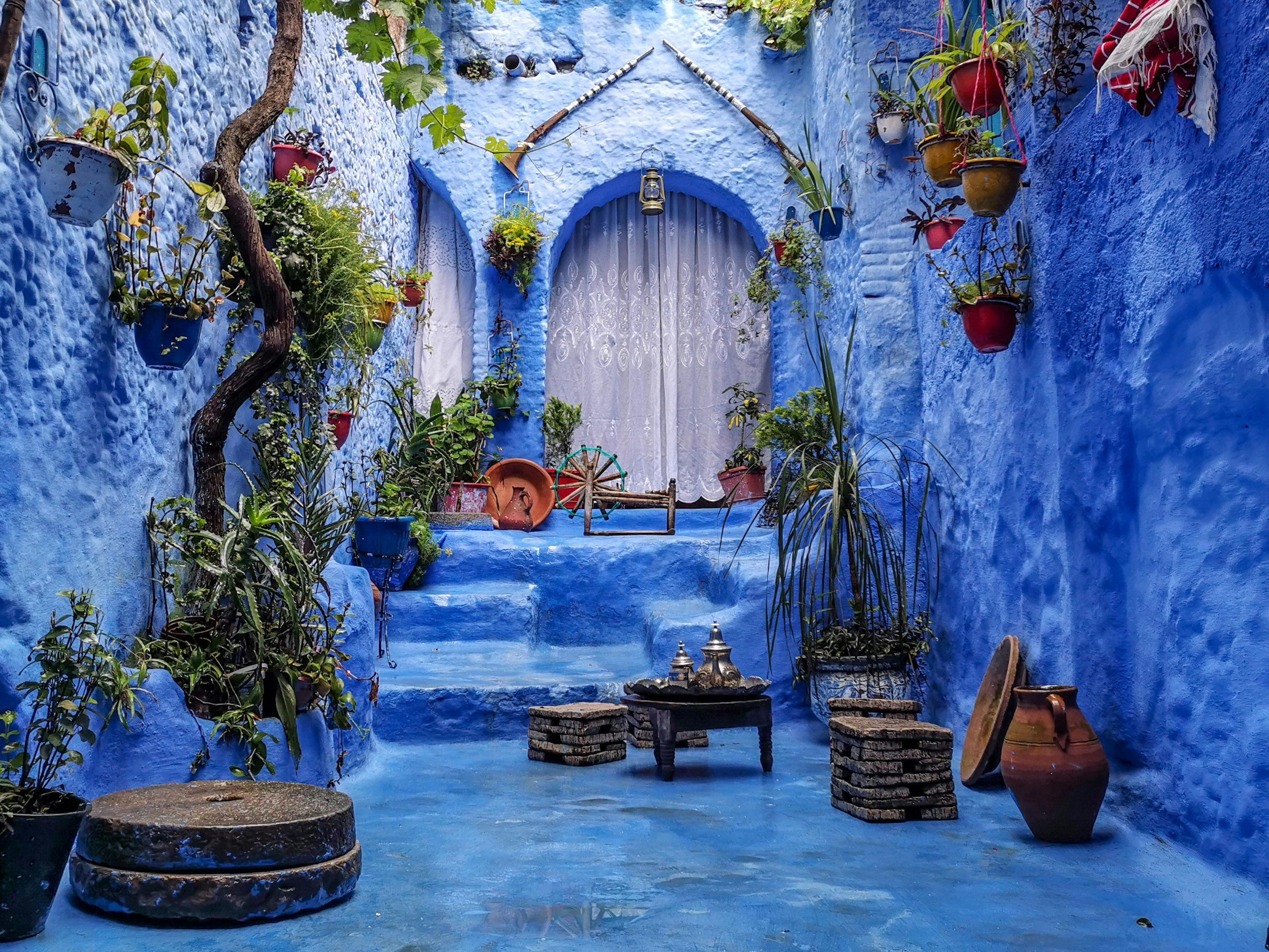 
Beautiful blue Rue Bin Souaki in Chefchaouen, Morocco.