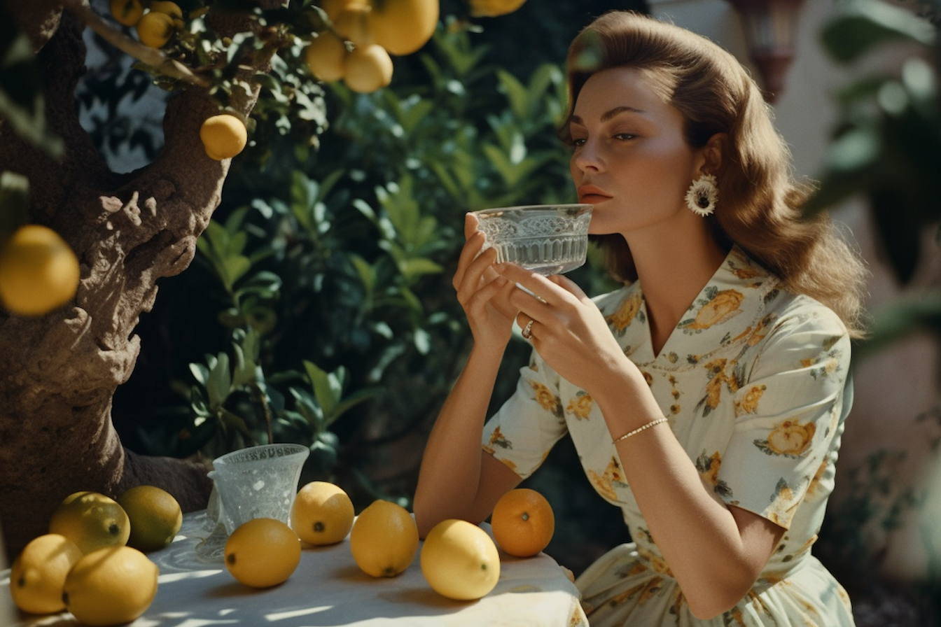 Beautiful woman sitting under lemon tree and drinking lemonade in Capri