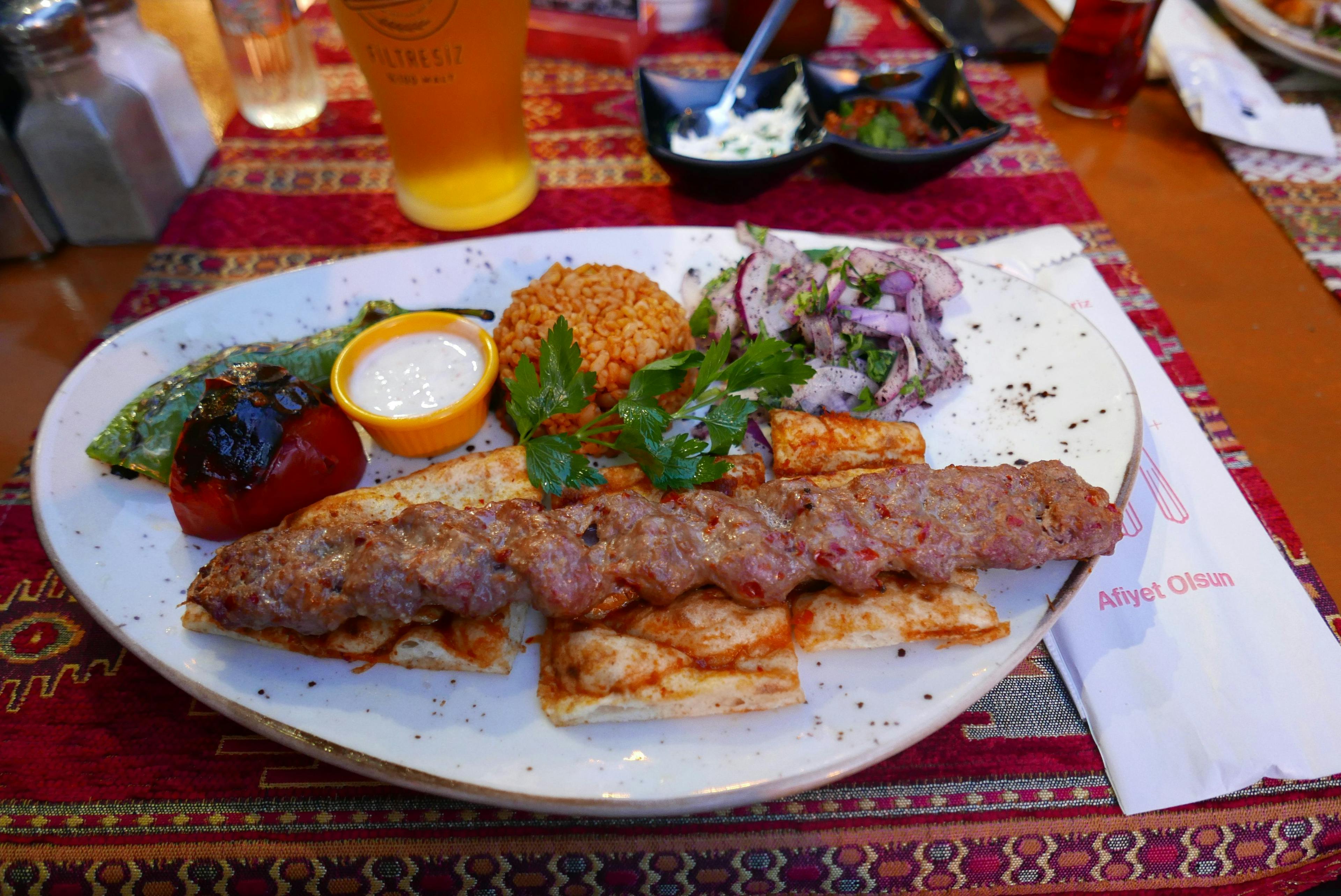 Turkish kebab on a plate in restaurant in Turkey.