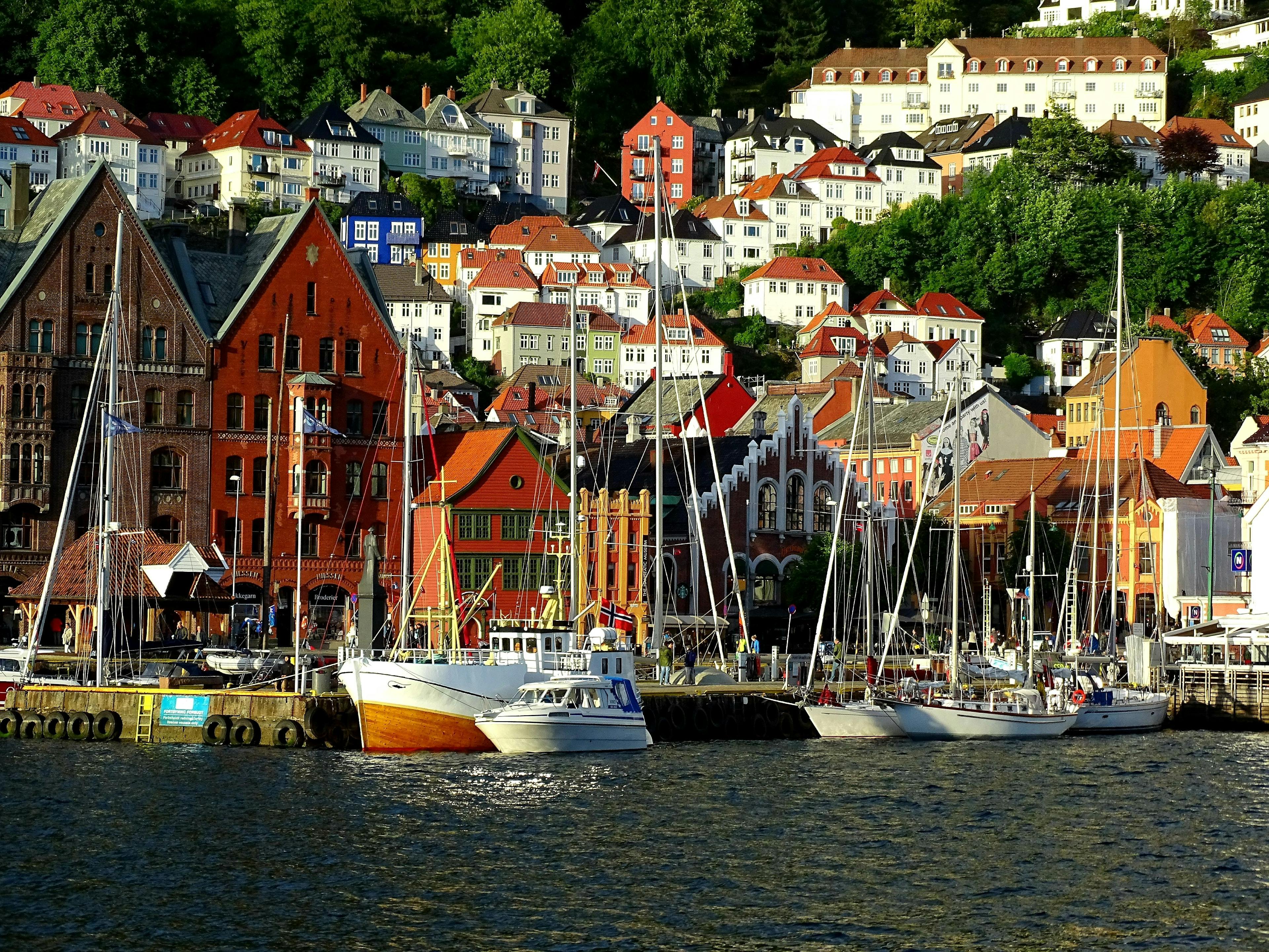 Boats and colorful houses in the city of Bergen in Norway.