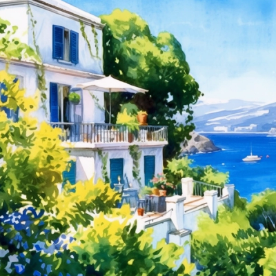 Watercolor painting of a white villa on Amalfi coast.