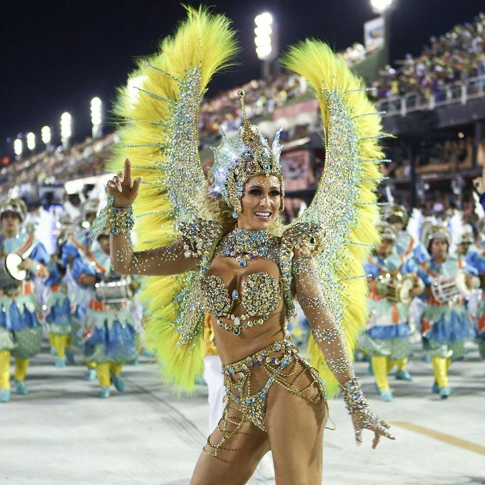 Woman with feathers and costume in Rio Carnival.