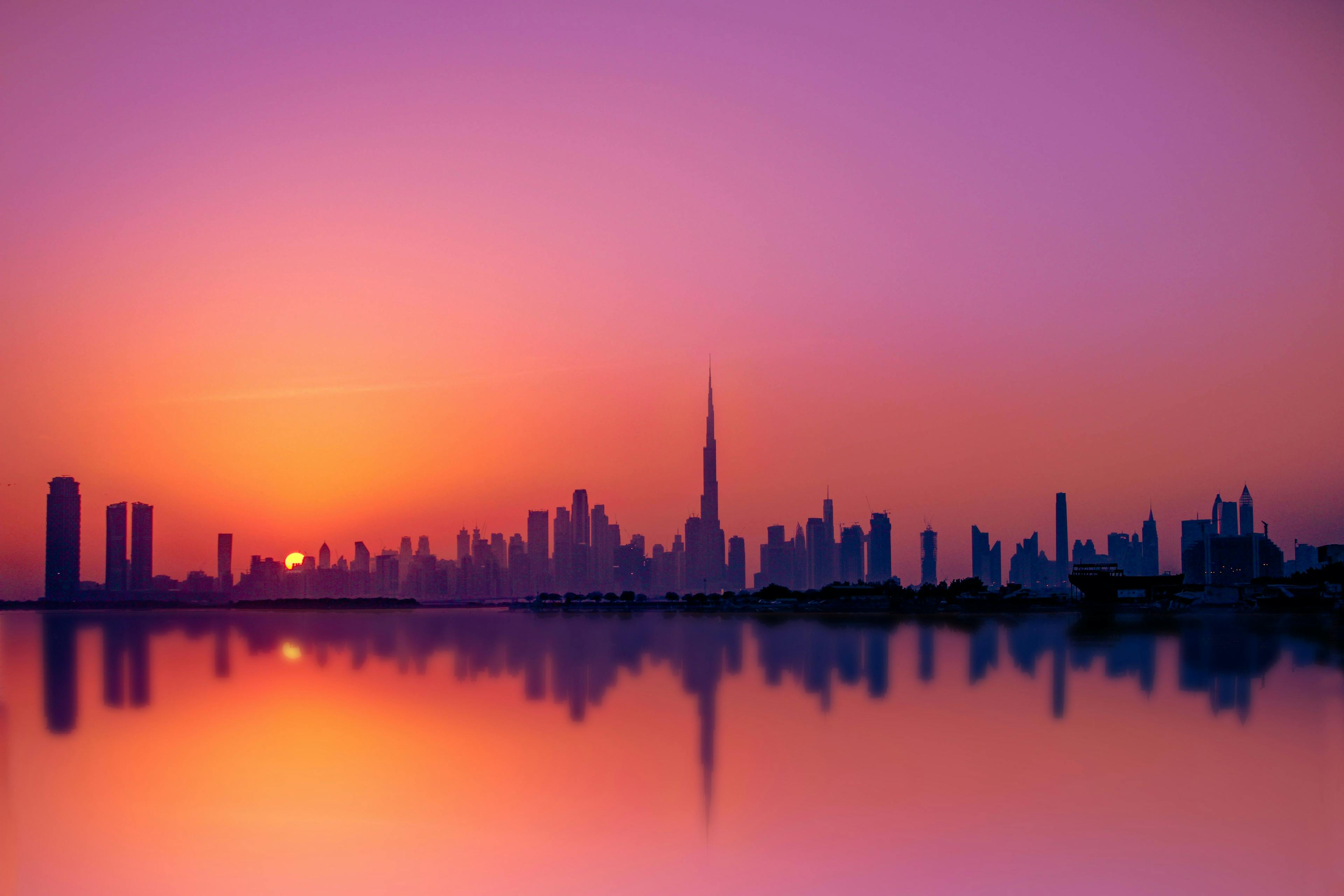 Dubai skyline during sunset.