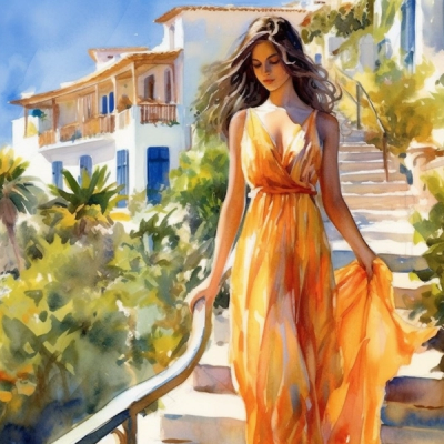Watercolor painting of a lady in orange dress walking on Amalfi coast.