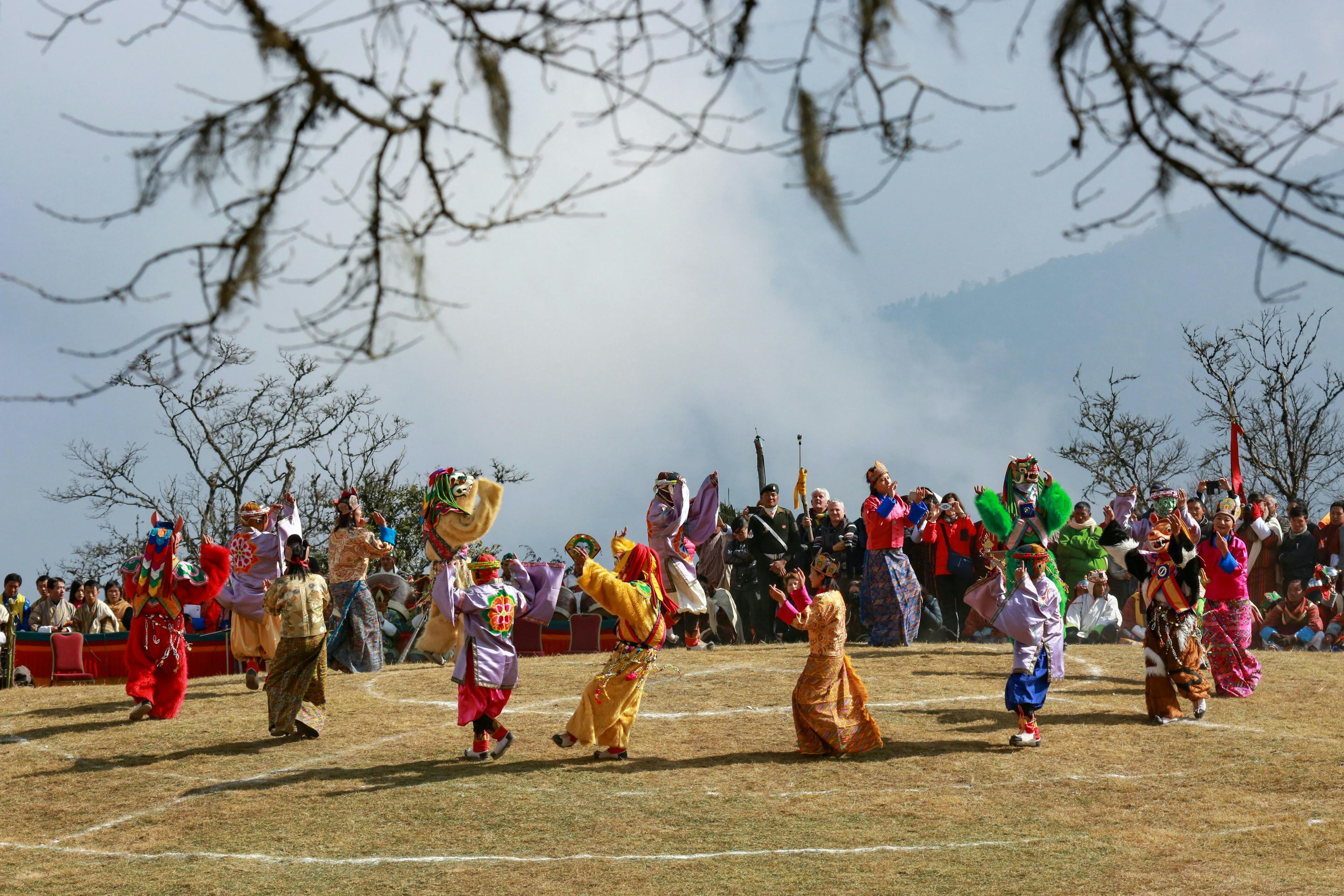 Masked dance at Dochula in Thimphu, Bhutan.