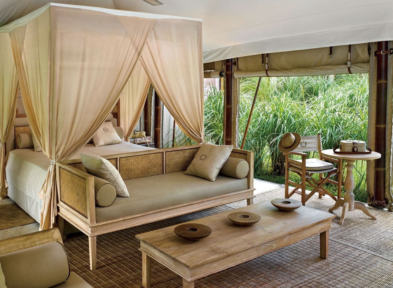 Inside the luxurious bedroom of a tented house in Bali